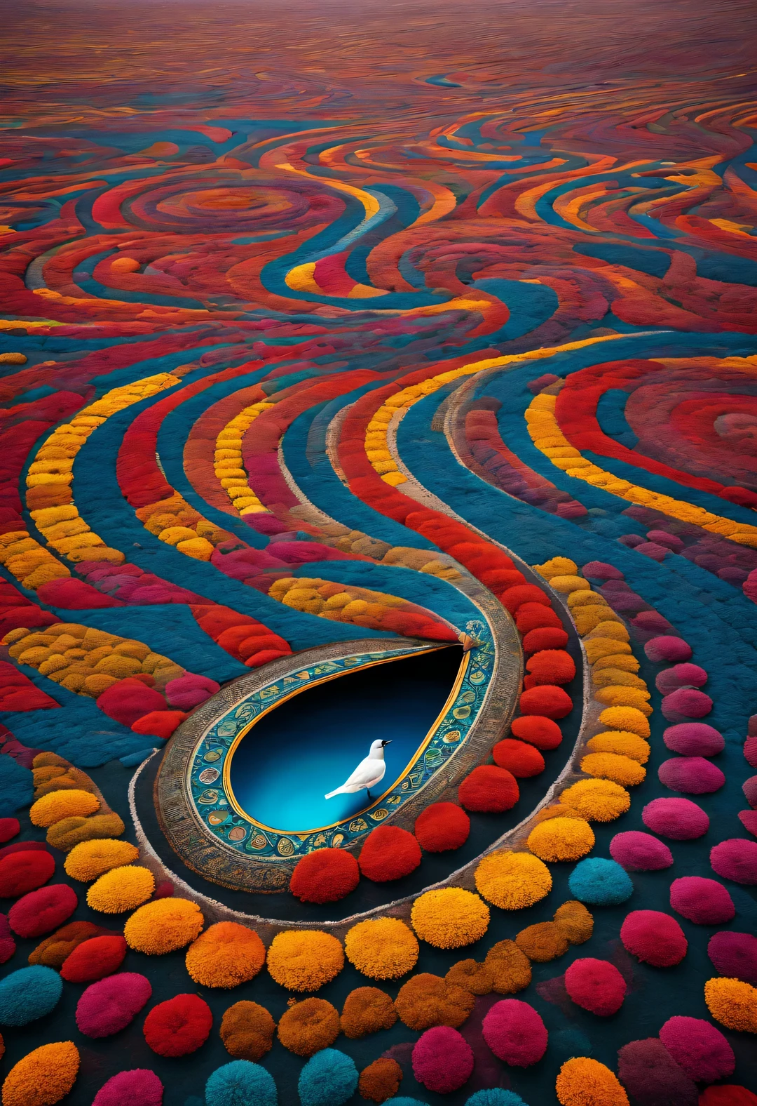 A large teardrop surrounded by dense mandala petals, In the style of National Geographic photography, Exaggerated visual composition and color, bird&#39;s eye view style, groundbreaking color photography, Complex weaving, documentary photography, Vibrant and exaggerated scenes