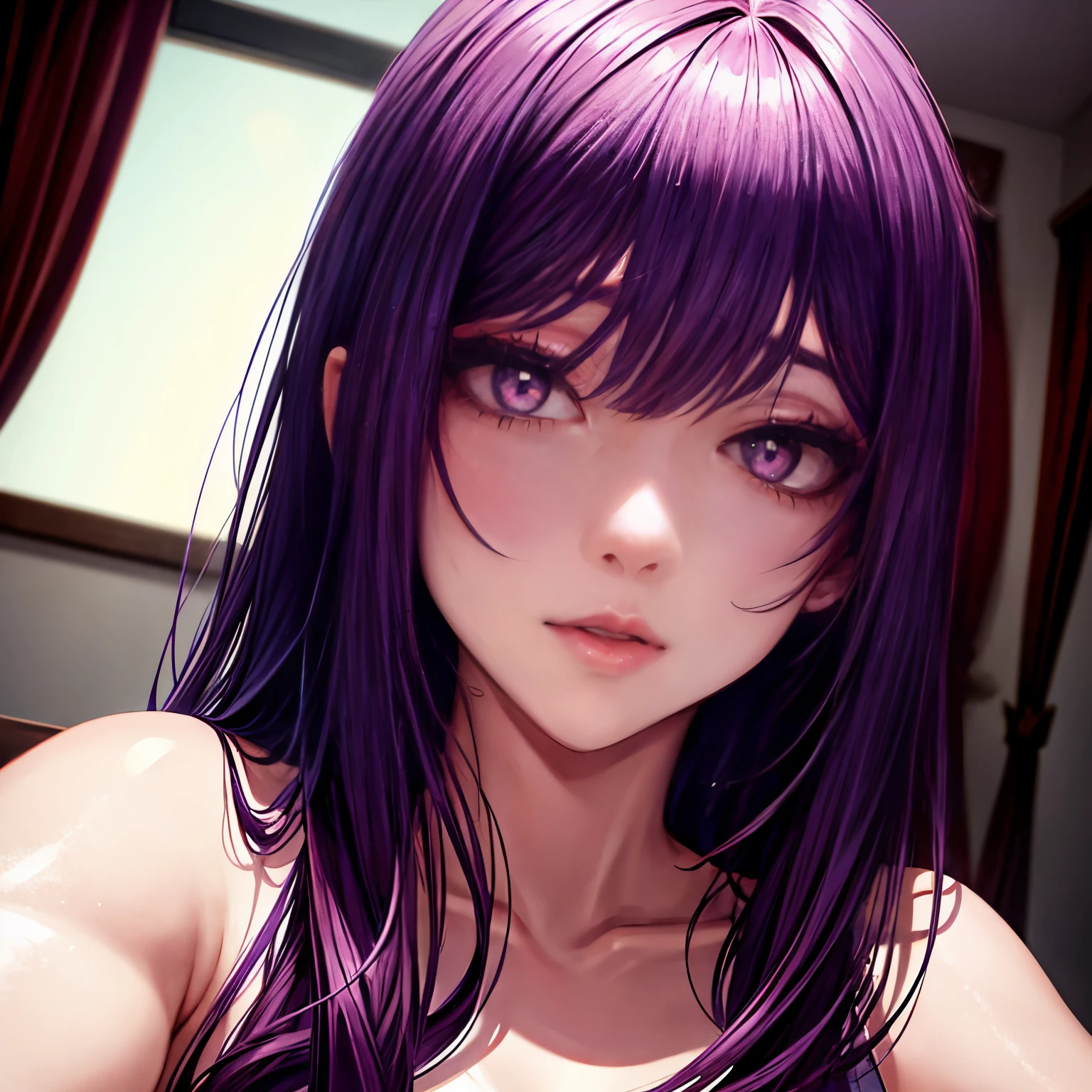 1 girl, red-purple hair, very long hair, violet eyes, beautiful eyes, big eyes, big lips, glossy lips, defined image, seductive gaze, selfie, front face selfie, good face view, beautiful face