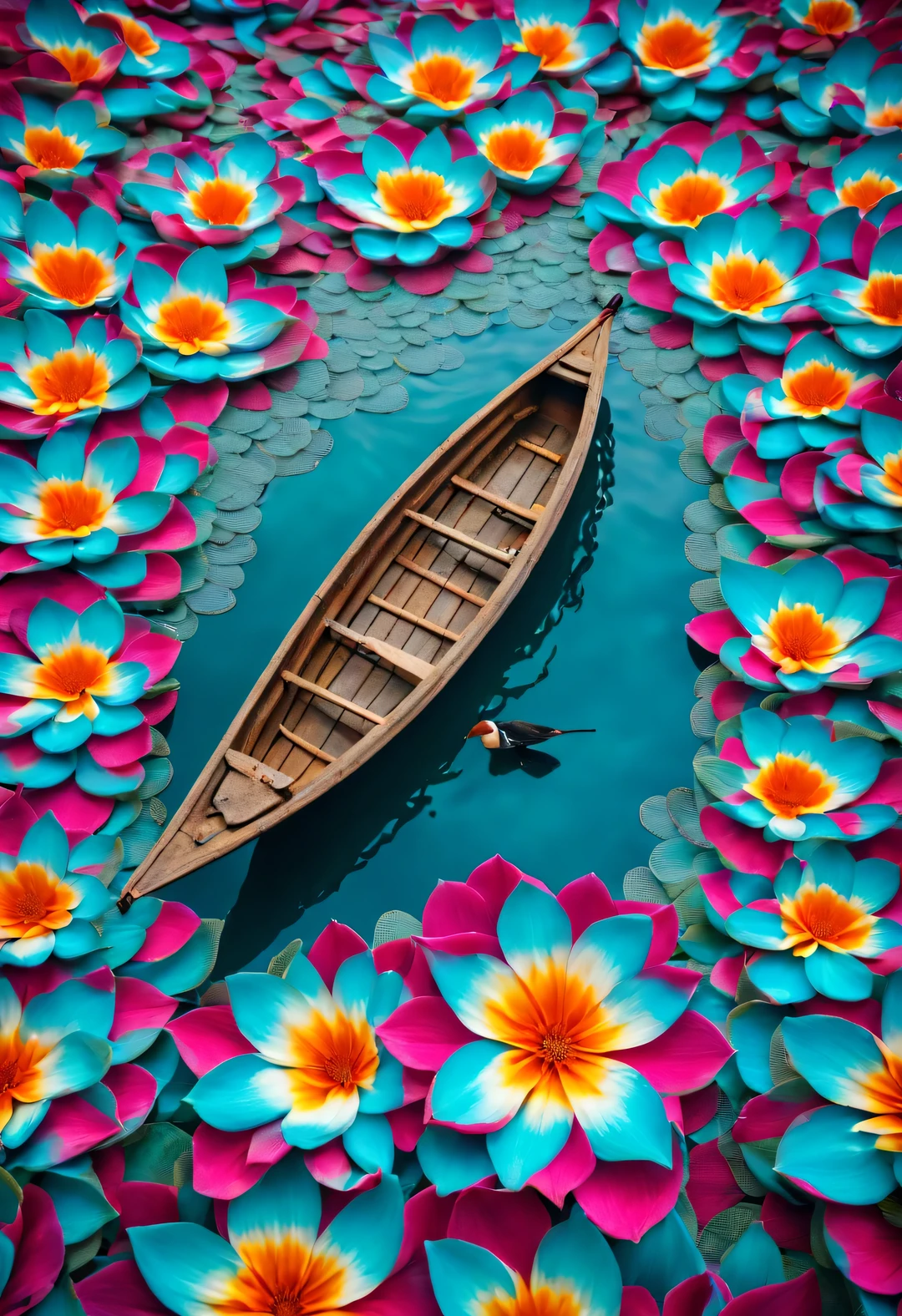 Small boat surrounded by dense mandala petals, In the style of National Geographic photography, Exaggerated visual composition and color, bird&#39;s eye view style, groundbreaking color photography, Complex weaving, documentary photography, Vibrant and exaggerated scenes,partial reflection，