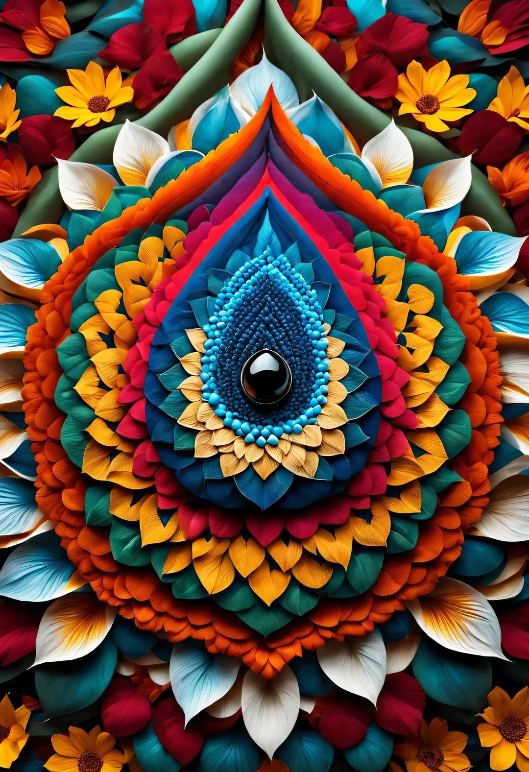 A large teardrop surrounded by dense mandala petals, In the style of National Geographic photography, Exaggerated visual composition and color, bird's eye view style, groundbreaking color photography, Complex weaving, documentary photography, Vibrant and exaggerated scenes