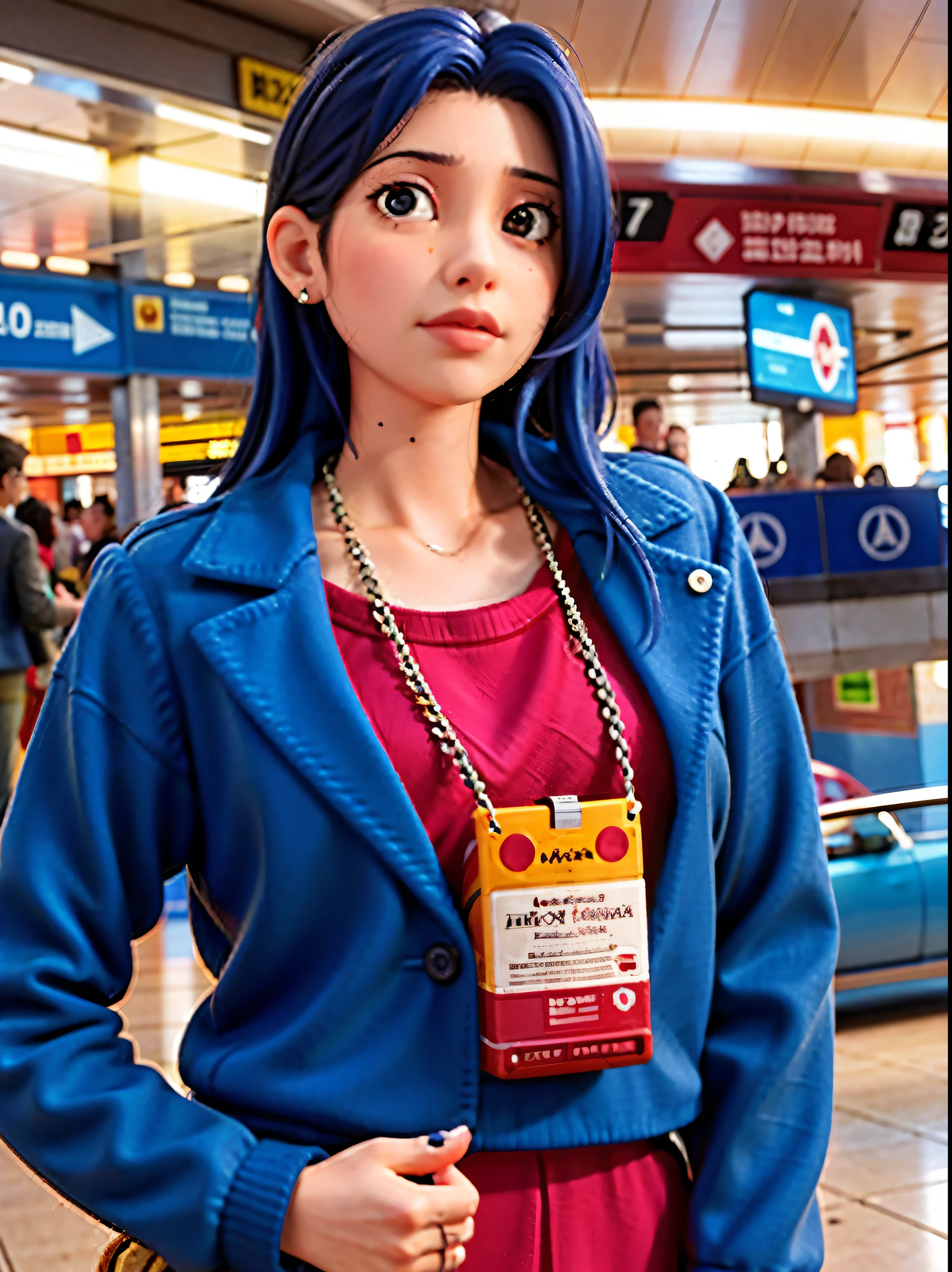 woman in orange shirt and blue jacket standing at airport with luggage, fernanda suarez, Andreia Rocha, Alanis Guillen, by Amélia Peláez, malika favre, Adriana Dxim, Karla Ortiz, por Emerson Silva, Mulher de 30 anos de Cuba, Marisha Becker, por Luis Miranda, por Emma Rios