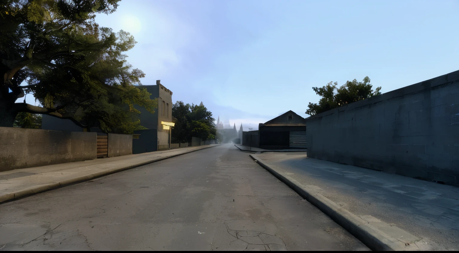 A photograph of an alleyway in an abandoned city with a castle in the distance, foggy night, street lamps, detailed, photorealism,