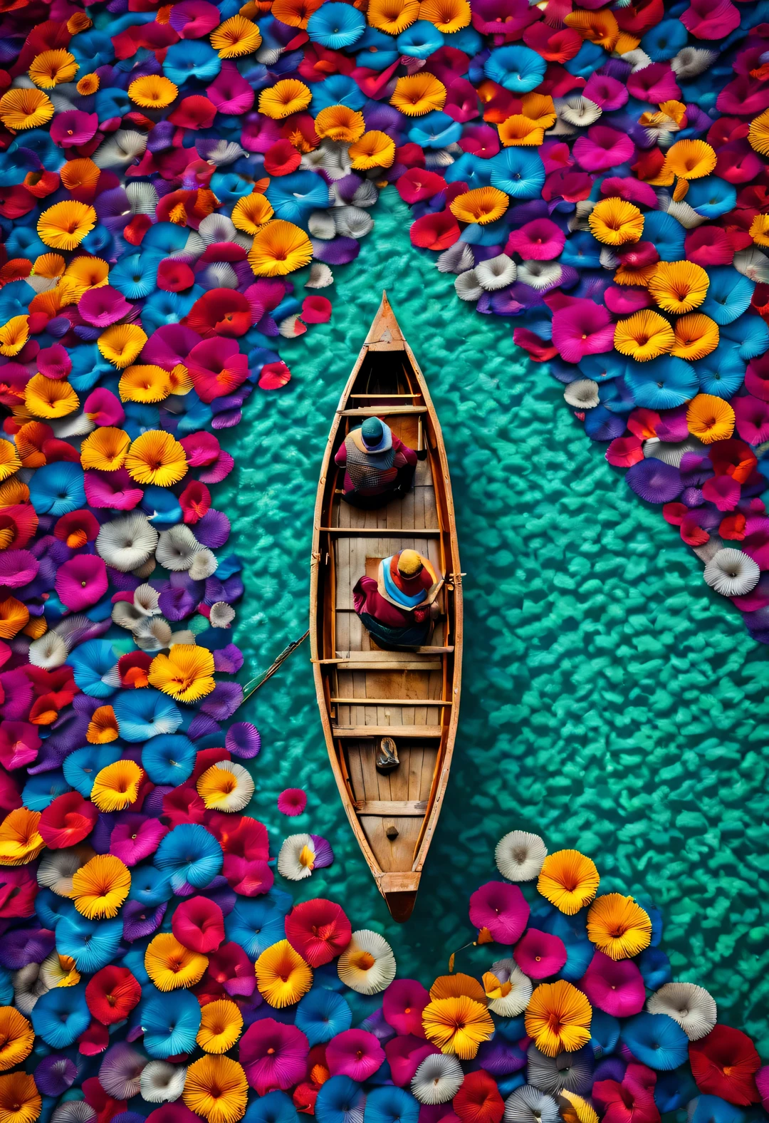 ：A boat surrounded by dense petals, National Geographic photography style,Exaggerate visual composition and color，bird&#39;s eye view style, Pioneer of color photography, Complex weaving, documentary photography, Energetic, exaggerated scenes