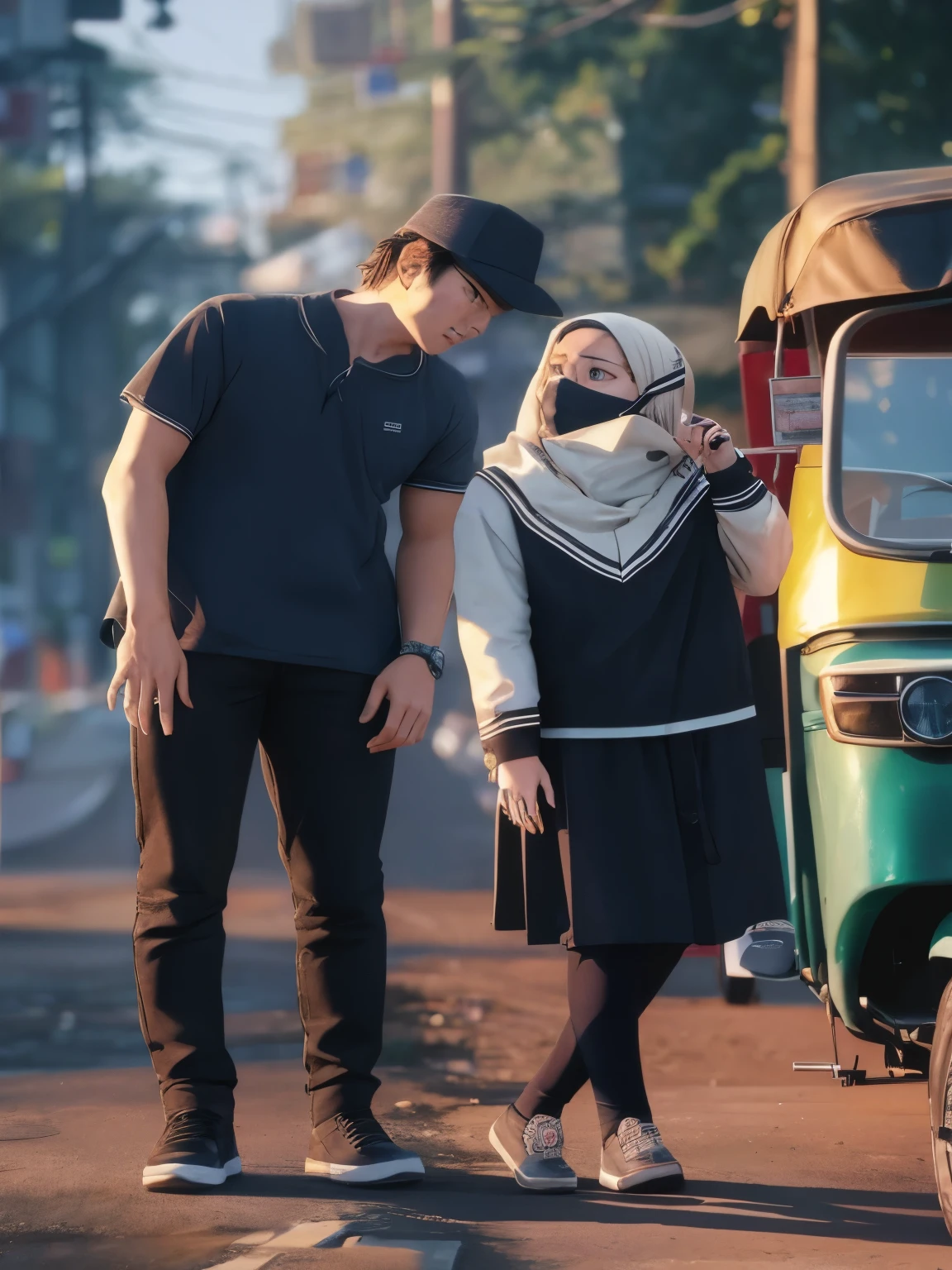 they are standing next to a tuk tuk on the street, artwork in the style of guweiz, realism artstyle, realistic scene, realism art, realistic afternoon lighting, with cinematic lighting, inspired by Rudy Siswanto, realistic artstyle, realistic picture, detailed scene, detailed cinematic render, photorealistic content, photorealistic artstyle, true realistic image