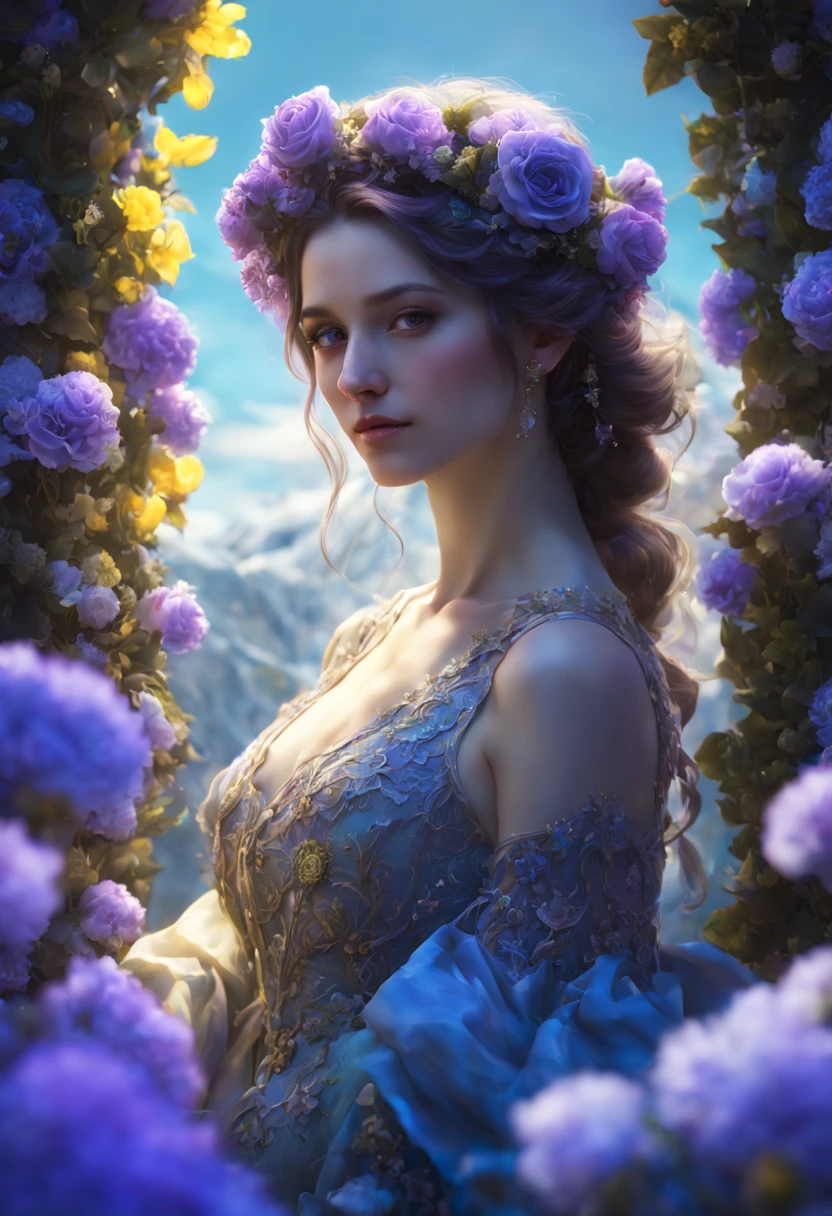 sea of flowers, aesthetic, blue rose blooming in a snowfield a masterpiece, 8k resolution, dark fantasy concept art, by Greg Rutkowski, dynamic lighting, hyperdetailed, intricately detailed, Splash screen art, trending on Artstation, deep color, Unreal Engine, volumetric lighting, Alphonse Mucha, Jordan Grimmer, purple and yellow complementary colours