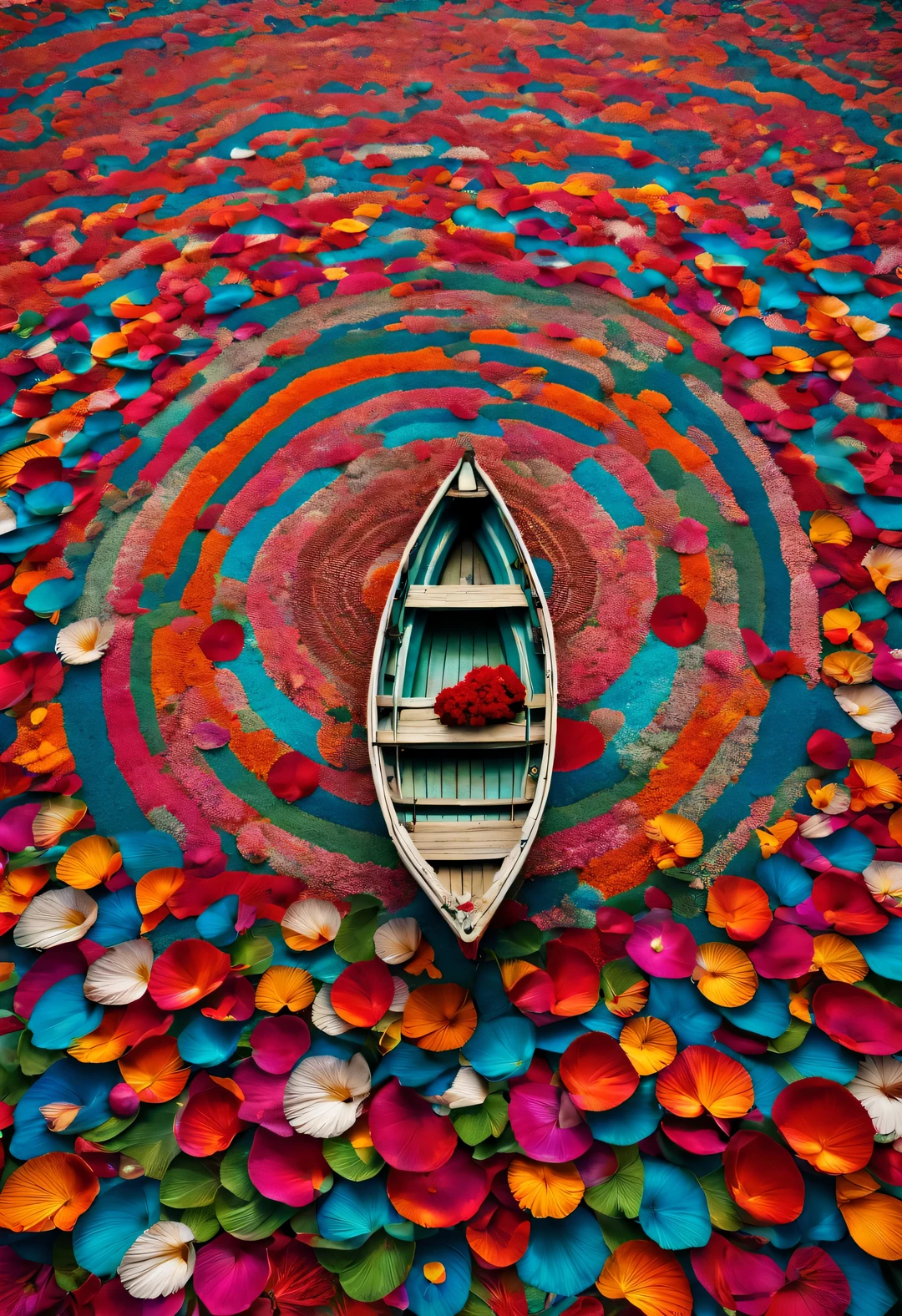Small boat surrounded by dense mandala petals, In the style of National Geographic photography, Exaggerated visual composition and color, bird&#39;s eye view style, groundbreaking color photography, Complex weaving, documentary photography, Vibrant and exaggerated scenes
