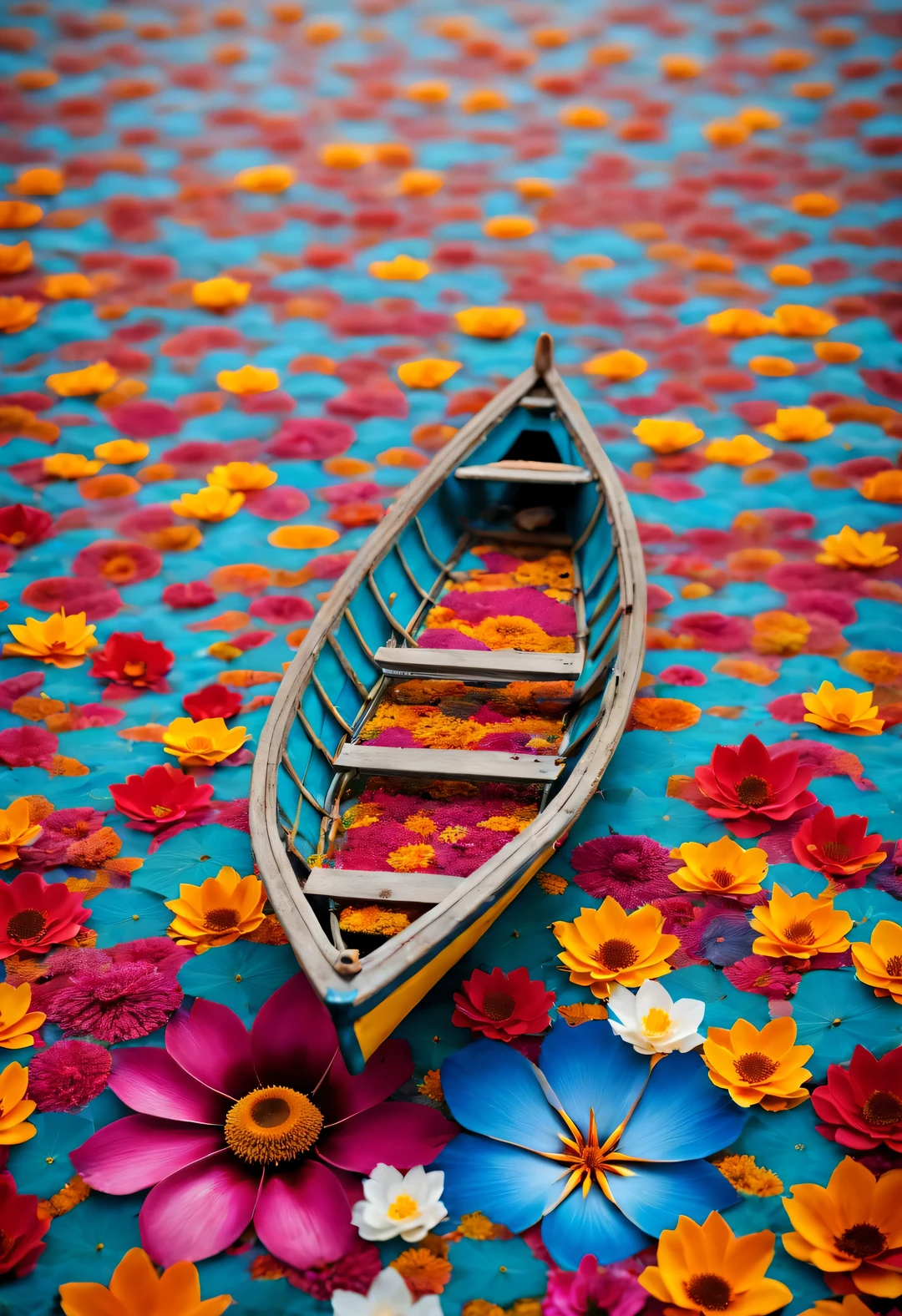 Small boat surrounded by dense mandala petals, In the style of National Geographic photography, Exaggerated visual composition and color, bird's eye view style, groundbreaking color photography, Complex weaving, documentary photography, Vibrant and exaggerated scenes