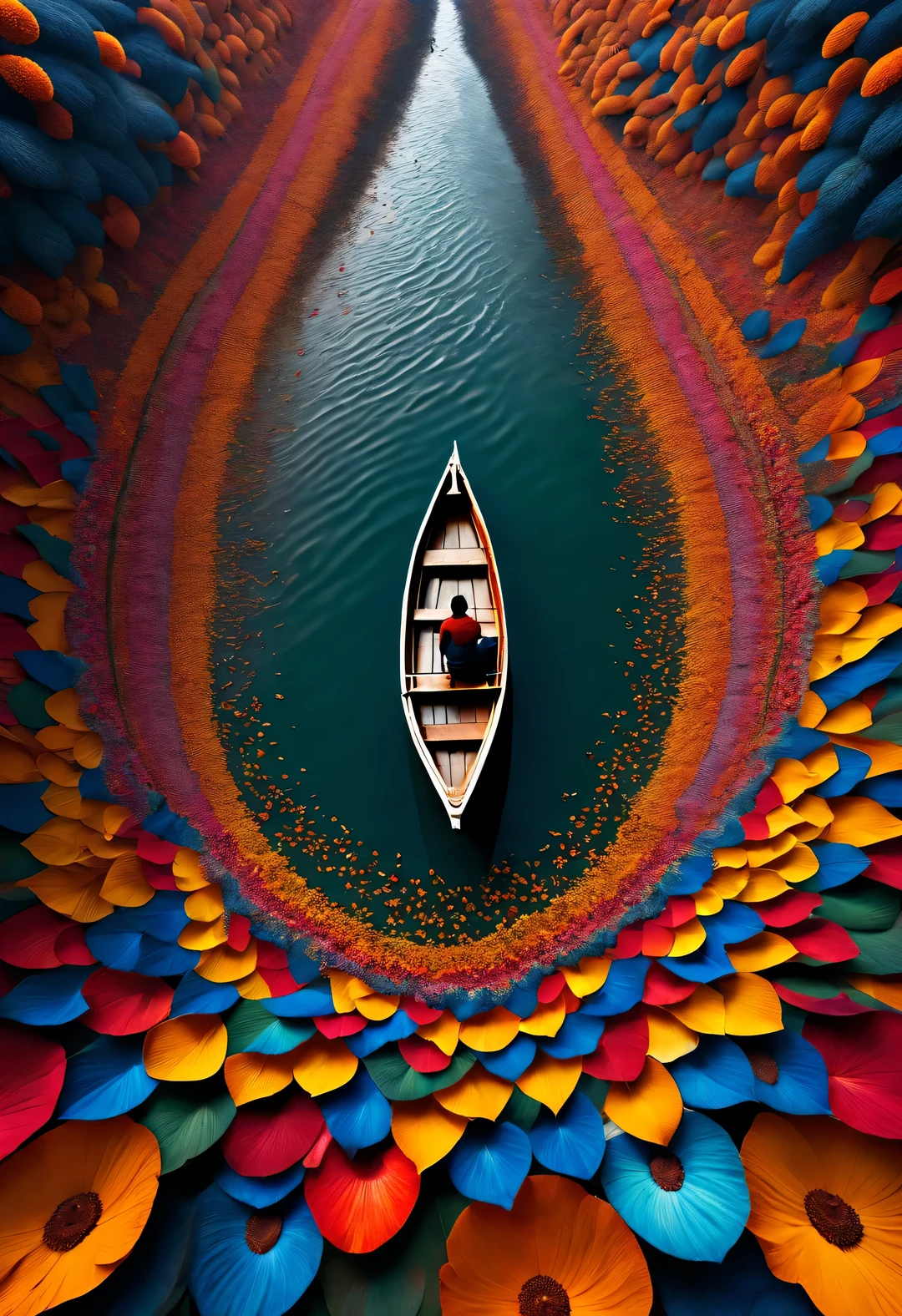 Small boat surrounded by dense mandala petals, In the style of National Geographic photography, Exaggerated visual composition and color, bird&#39;s eye view style, groundbreaking color photography, Complex weaving, documentary photography, Vibrant and exaggerated scenes