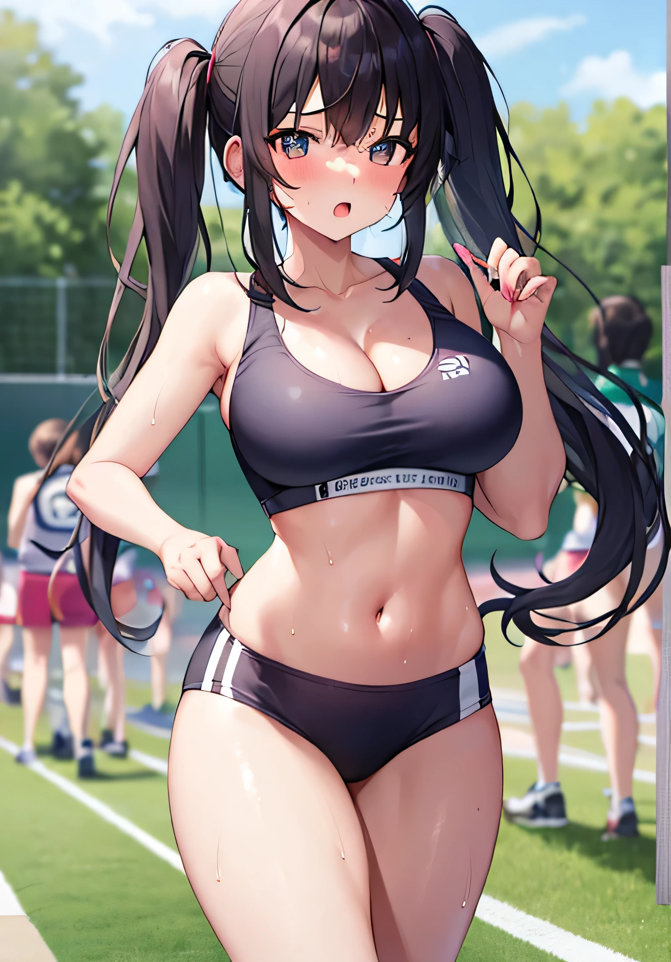 masterpiece、best image quality、ultra high resolution、age girl with big breasts、twin tail hairstyle、black hair、sweaty body、red face、shyly、mock、Open your mouth just a little、A teengirl's sweaty running bra that shows her cleavage、Sweaty running briefs of a teenage 、shapely sweaty legs、at the track and field stadium