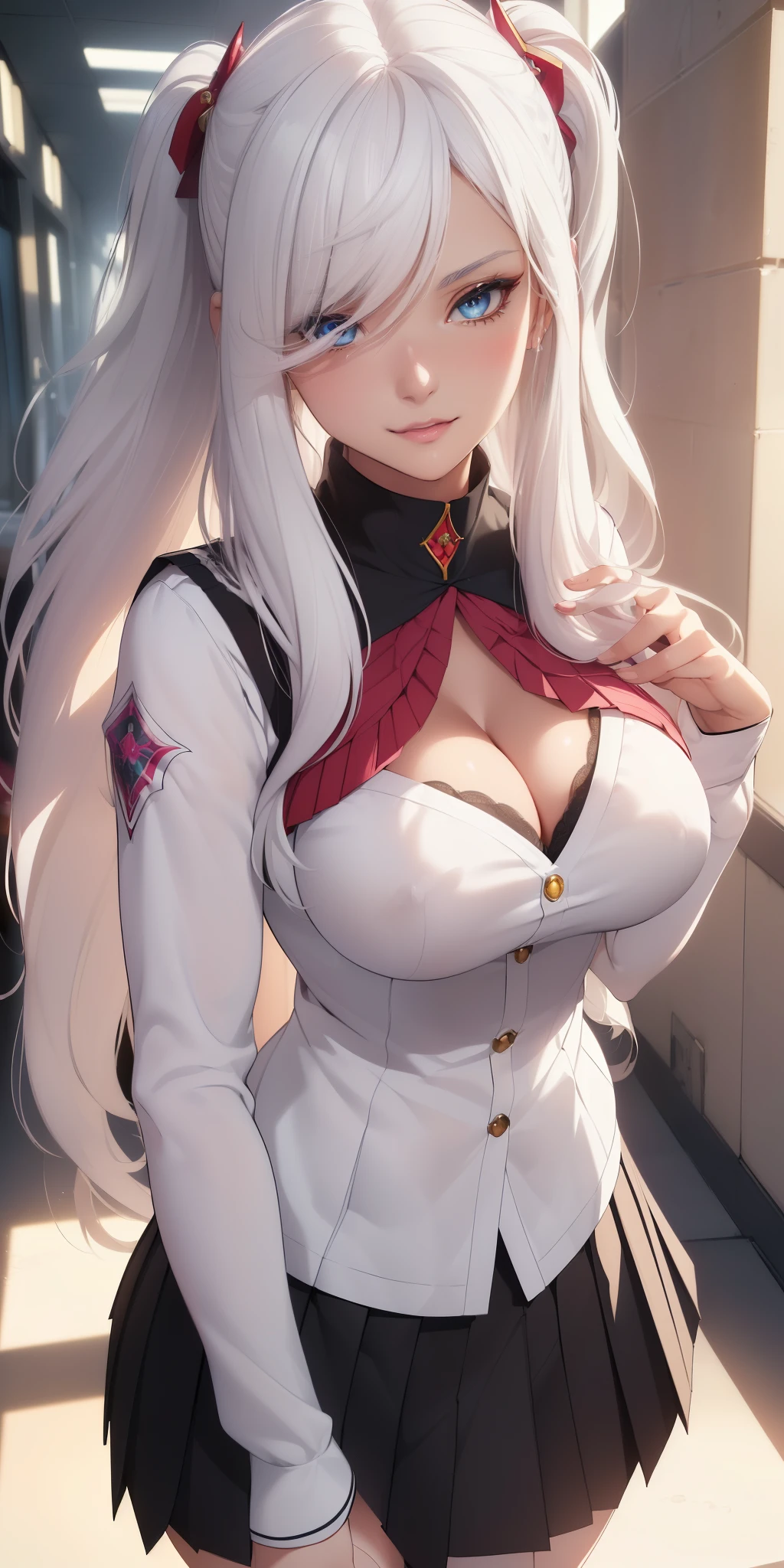 Medium breasts, she is beautiful, Busty ((beautiful and cute 19 year old woman)), (((((long, straight and flowing natural white hair))))), double eyelids, blue eyes, clear and detailed, hyper detailed, light effect on eyes, detailed iris, sensual body, perfect waist, (((black and red anime style school uniform, pleated pleated skirt, cleavage))), ((masterpiece, hyper realistic, hyper detailed, best quality, 16k, light and shadow on the skin, vivid colors)), eyeliner, sensual expression, perfect lips, innocent and sexy face, ((skin with light and shadow), beautifully seductive and embarrassed woman, pink lips, smile, passionate expression ((she is a beautiful milf)), looking at the viewer, school hallway, shy pose, leg slightly bent