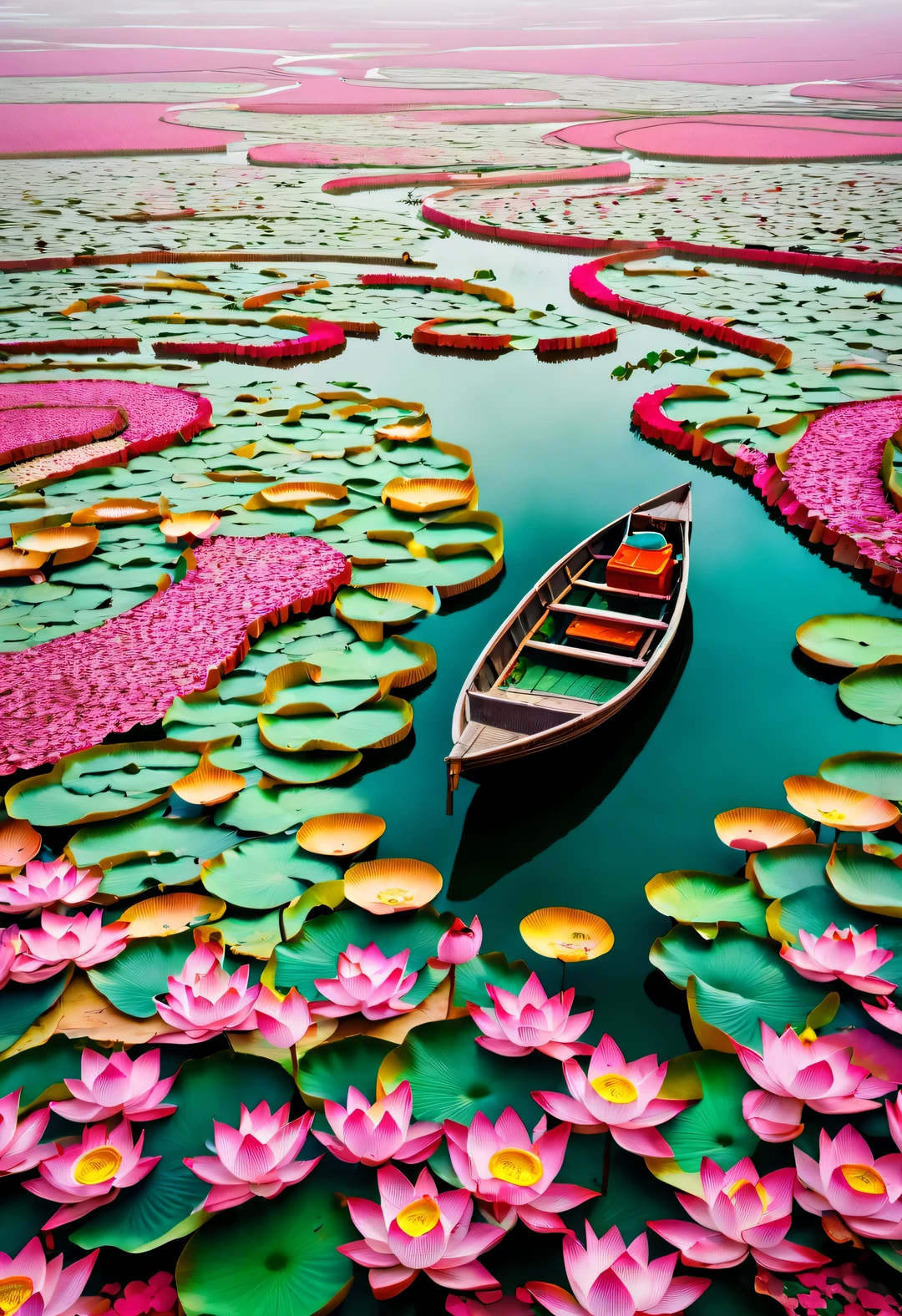 Boat surrounded by lotus flowers, Ten thousand acres of lotus garden, National Geographic photography style, Exaggerated visual composition and color, bird's eye view, groundbreaking color photography, Complex weaving, documentary photography, Energetic、exaggerated scenes, Weishan Lake