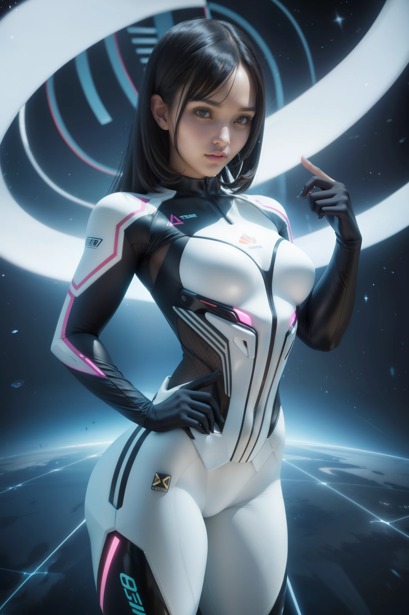 (melhor qualidade) ciborgue realista e intrincado rosto de beleza perfeita, sharp galaxy detailed glowing eyes, rosto detalhado, (((foco corporal), Standing))), (((forma de beleza fina))), ((in realistic sci-fi plugsuit with neon lighting, peça de arte mech mteal), 4k, Ultra HD