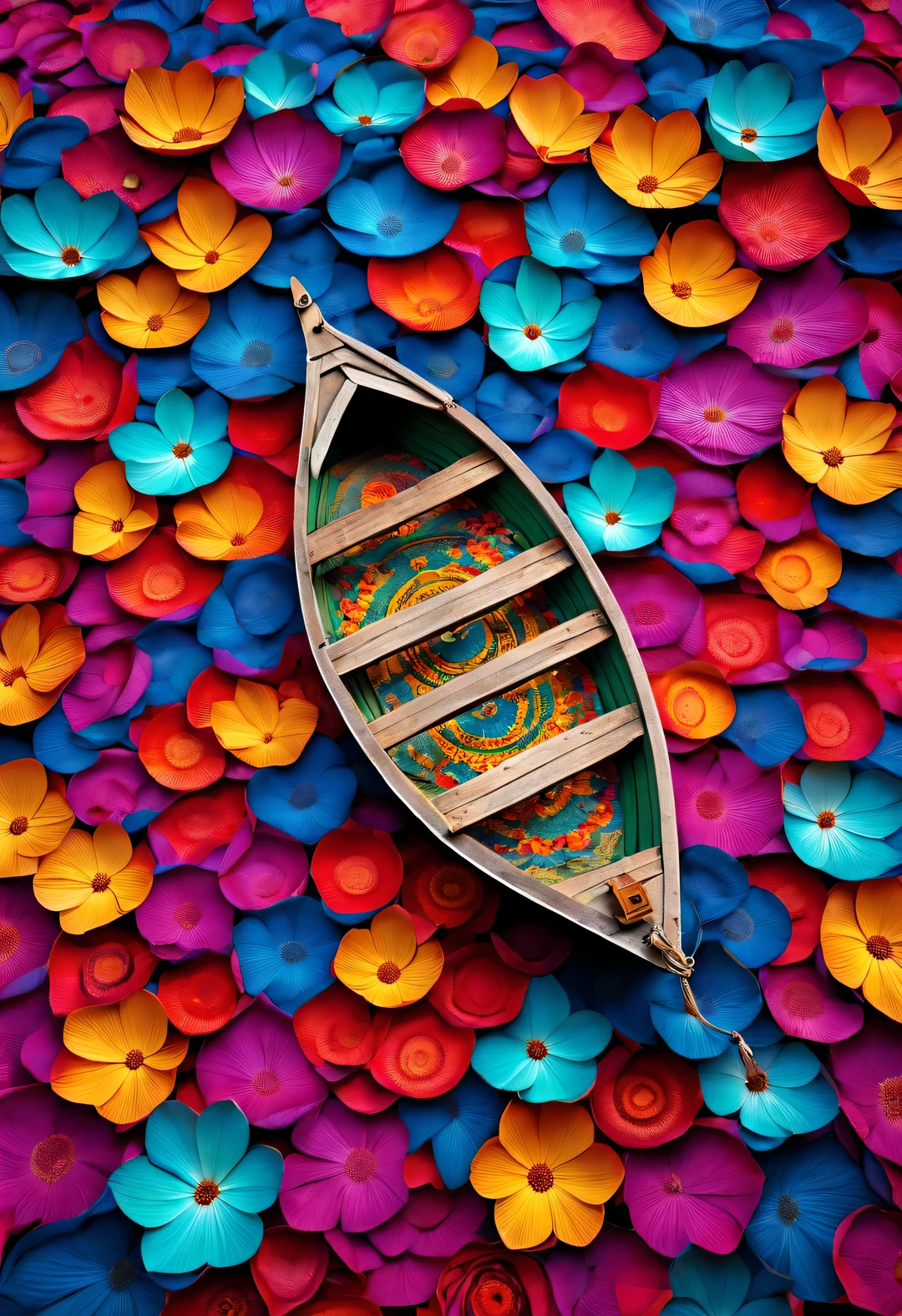 Small boat surrounded by dense mandala petals, In the style of National Geographic photography, Exaggerated visual composition and color, bird&#39;s eye view style, groundbreaking color photography, Complex weaving, documentary photography, Vibrant and exaggerated scenes