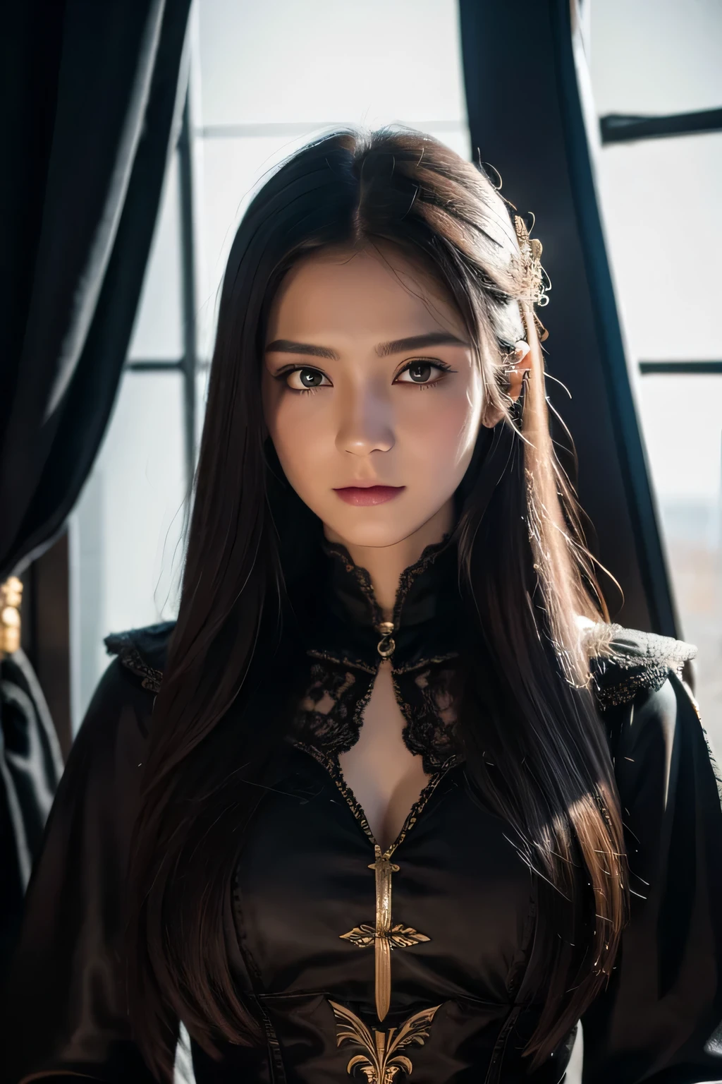 ８ｋ、High resolution、Beautiful Girl of the Wizard、gothic costume、young、white skin,、narrow eyes,high nose,lighting that illuminates the face、clear image、intellectual beauty、skinny、no makeup、anxious look,shining hair、single eyelid,、vivid pose、looking at camera