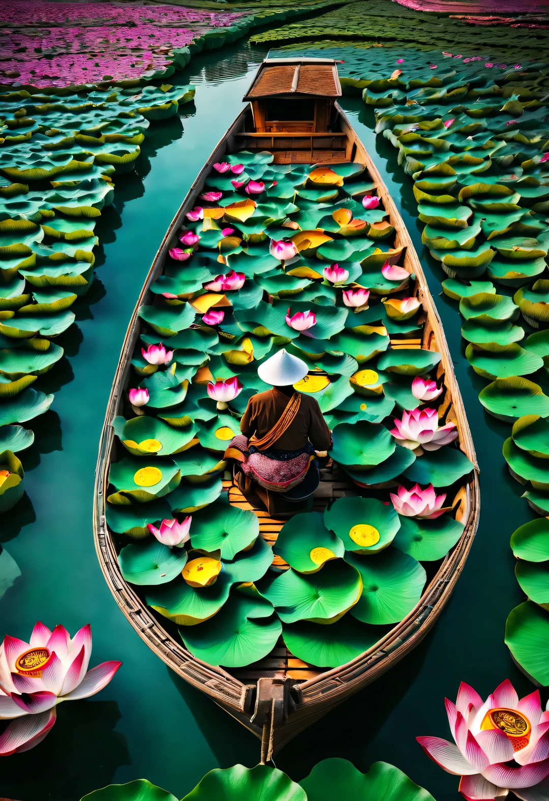 Boat surrounded by lotus flowers, In the style of National Geographic photography, Exaggerated visual composition and color, and bird's eye view style. A pioneer in color photography, Complex weaving, documentary photography, Energetic、exaggerated scenes, Weishan Lake Ten Thousand Mu Lotus Garden,