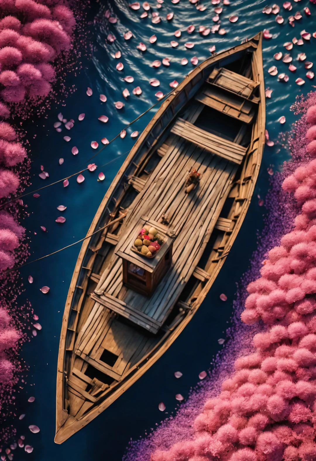 A boat surrounded by dense petals, National Geographic photography style,Exaggerate visual composition and color,bird's eye view style, Pioneer of color photography, Complex weaving, documentary photography, Energetic, exaggerated scenes