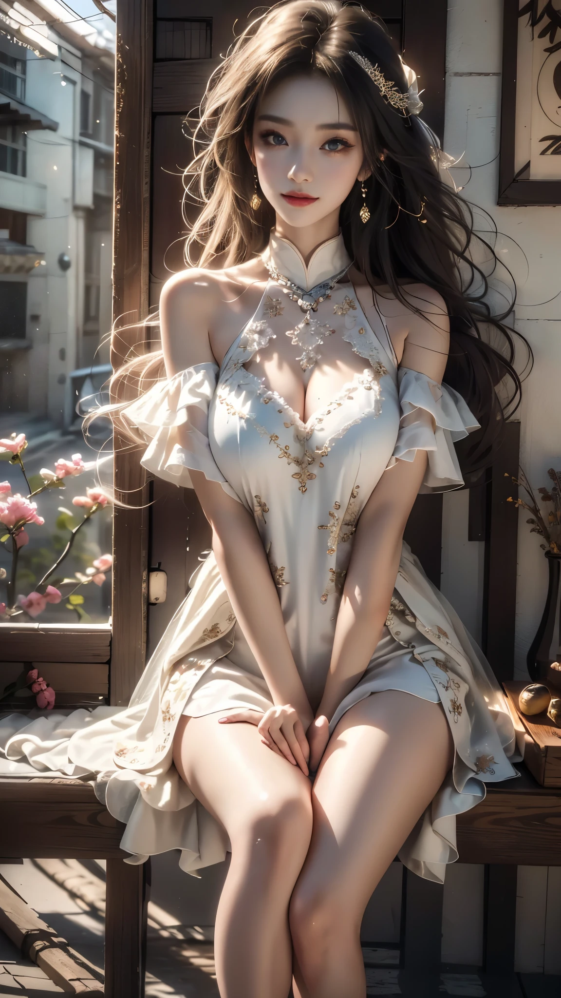 gufeng,bare shoulders, realistic, fashi-girl, red lips, mature female, makeup, Big eyes, Pretty eyes, ((full body)), ((Random shooting angles)), (best quality, masterpiece:1.2), ultra-detailed, (realistic:1.37), ((Sexy long legs)), beautiful, youthful, glamorous model with (detailed eyes, detailed lips, extremely detailed eyes), with white and floral colors, showcasing a radiant smile, creating a breathtaking depiction of a girl, Warm tones, extremely high color saturation, official art, extremely detailed CG unified 8k wallpaper,(High dynamic range :1.4), (cinematic),(soft colors, dull colors, soothing tones :1.3), (natural skin texture, ultra-realistic, soft light, sharp),(very detailed), Night, moonlight, In an antique pavilion, sit on a bench against the guardrail