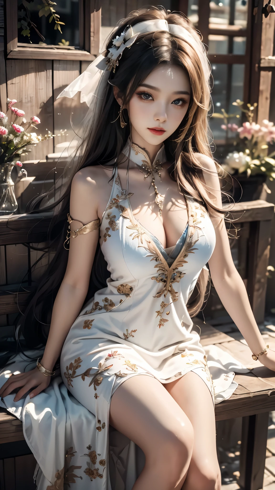 gufeng,bare shoulders, realistic, fashi-girl, red lips, female, makeup, Big eyes, Pretty eyes, ((full body)), ((Random shooting angles)), (best quality, masterpiece:1.2), ultra-detailed, (realistic:1.37), ((Sexy llegs)), beautiful, youthful, glamorous model with (detailed eyes, detailed lips, extremely detailed eyes), with white and floral colors, showcasing a radiant smile, creating a breathtaking depiction of a girl, Warm tones, extremely high color saturation, official art, extremely detailed CG unified 8k wallpaper,(High dynamic range :1.4), (cinematic),(soft colors, dull colors, soothing tones :1.3), (natural skin texture, ultra-realistic, soft light, sharp),(very detailed), Night, mooght, In an antique pavilion, sit on a bench against the guardrail