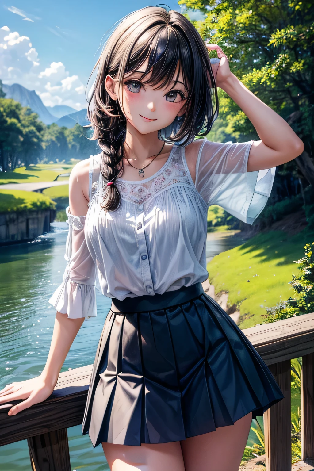 very cute and beautiful girl,(highly detailed beautiful face),
white camisole,standing under big tree,cowboy shot BREAK
 (smile),happy,looking at viewer,(pleated blue mini skirt:1.2),skirt lift,(white panties),
countryside,grassland,hilltop,wooden fence,detailed landscape,black hair,twin braid,
(best quality,masterpiece:1.2),absurdres,highres,ultra-detailed,extremely detailed,32k,8k resolution,
intricate details,cinematic scene,detailed background,solo,dynamic angle,(realistic),perfect hands,