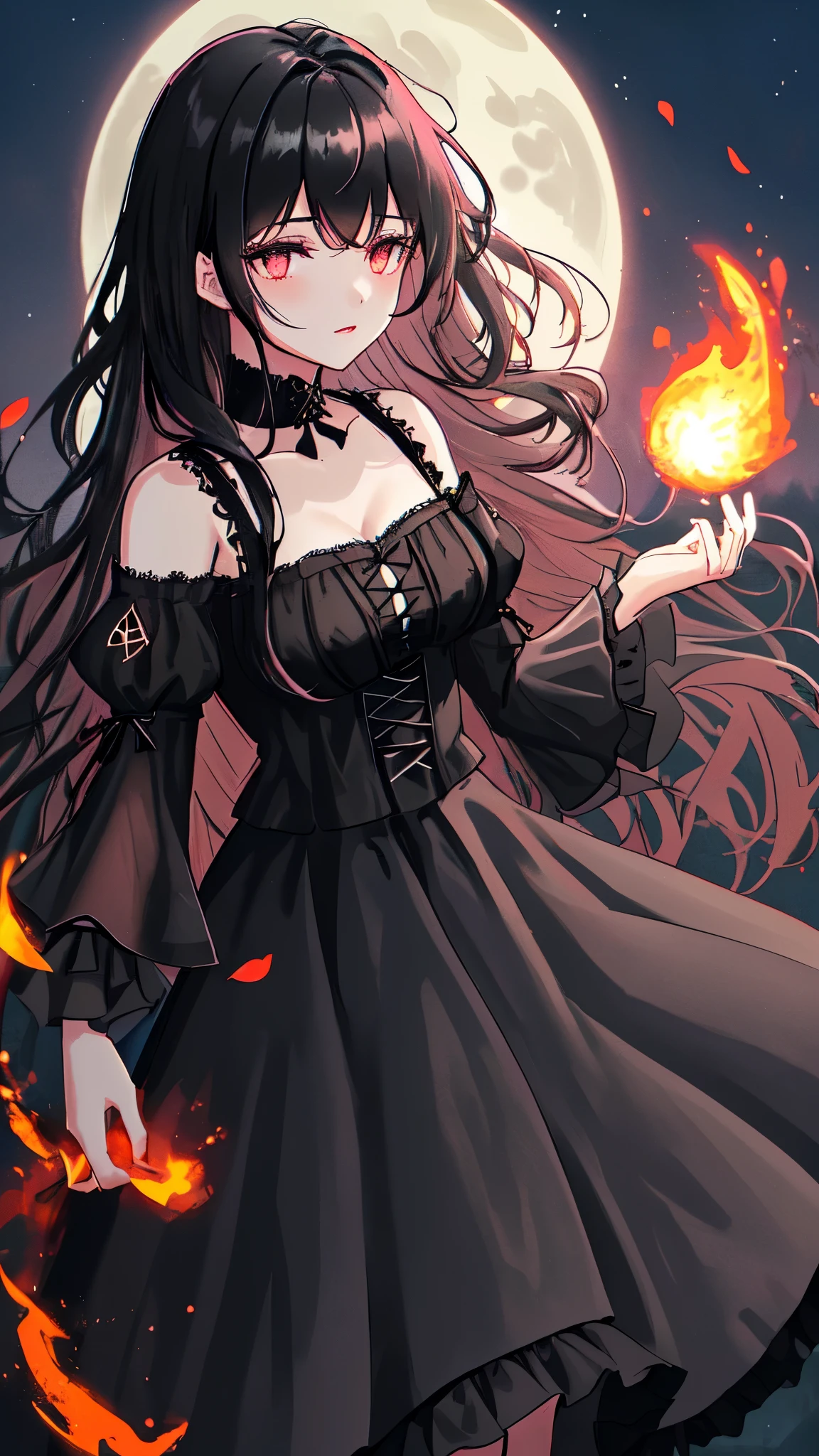 Create an illustration based on the following info: A young women standing in an open clearing, outdoors, a spellcaster, (black hair:1.5), long hair, wavy hair, face framing hair, beautiful eyes, crimson red eyes, pink lips, expresionless, impassive, c-cup breasts, slender arms, dainty hands, slender thighs, dainty feets, gothic dress, (black dress:1.5), black choker, lace choker, (black sleeves:1.5), detached sleeves, (black skirt:1.5), high-low skirt, layered skirt, lace trim, night, full moon, bright moonlight, cinematic lighting, green leaves, close up, looking at viewer, dark atmosphere, Add clothes detail, (slying fire sparks:1.5)