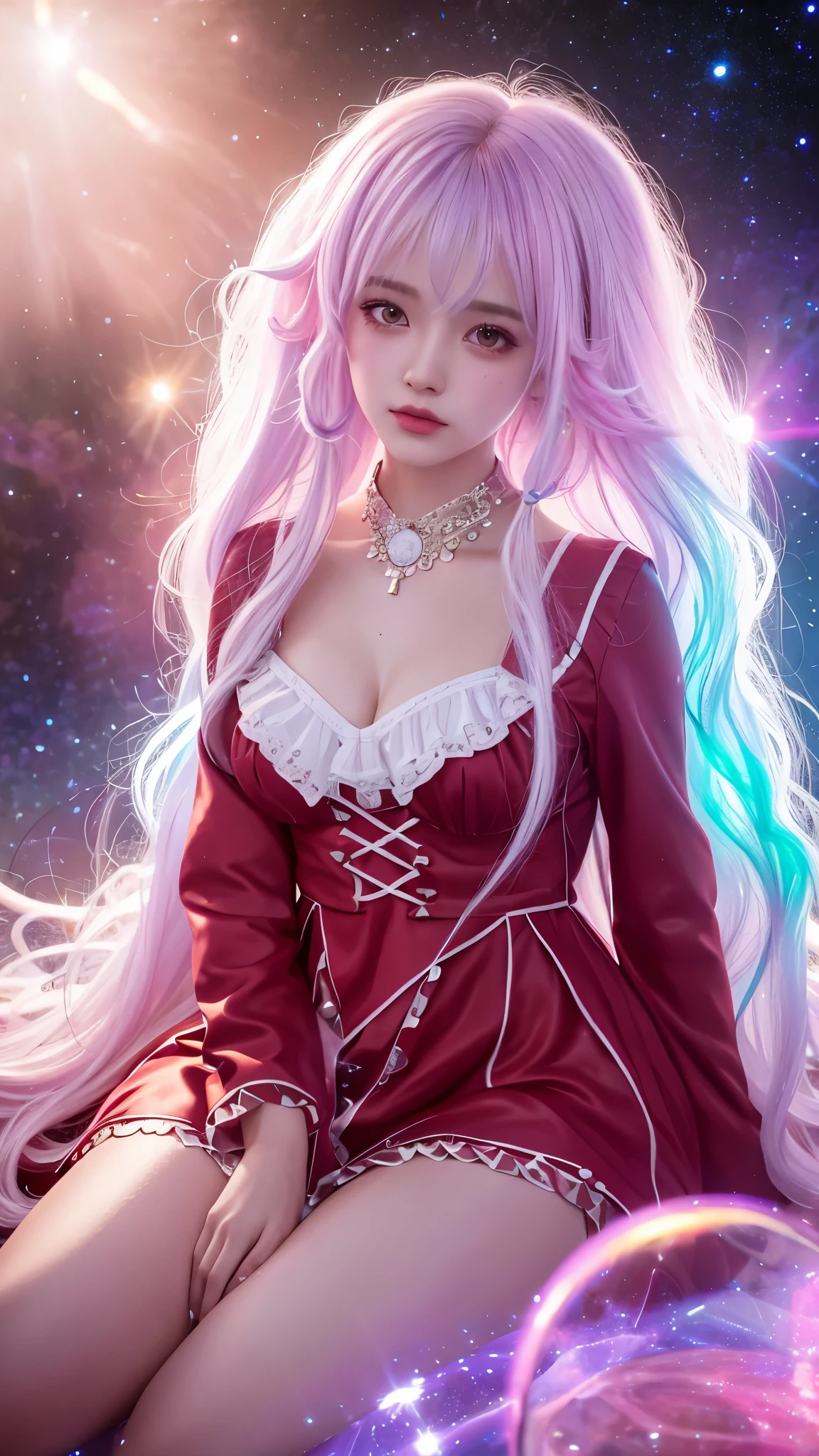 4K Ultra HD, Masterpiece, A girl with a magical aura, Good face, Long hair, shinny hair, Detailed eyes, Glossy lips, Wearing a red Lolita costume, The aura around the body, Magical effect, Spread white light, Cosmic elements and ethereal atmosphere, A mix of bright lights and colorful nebulae, universe background, Sitting, Full body capture.