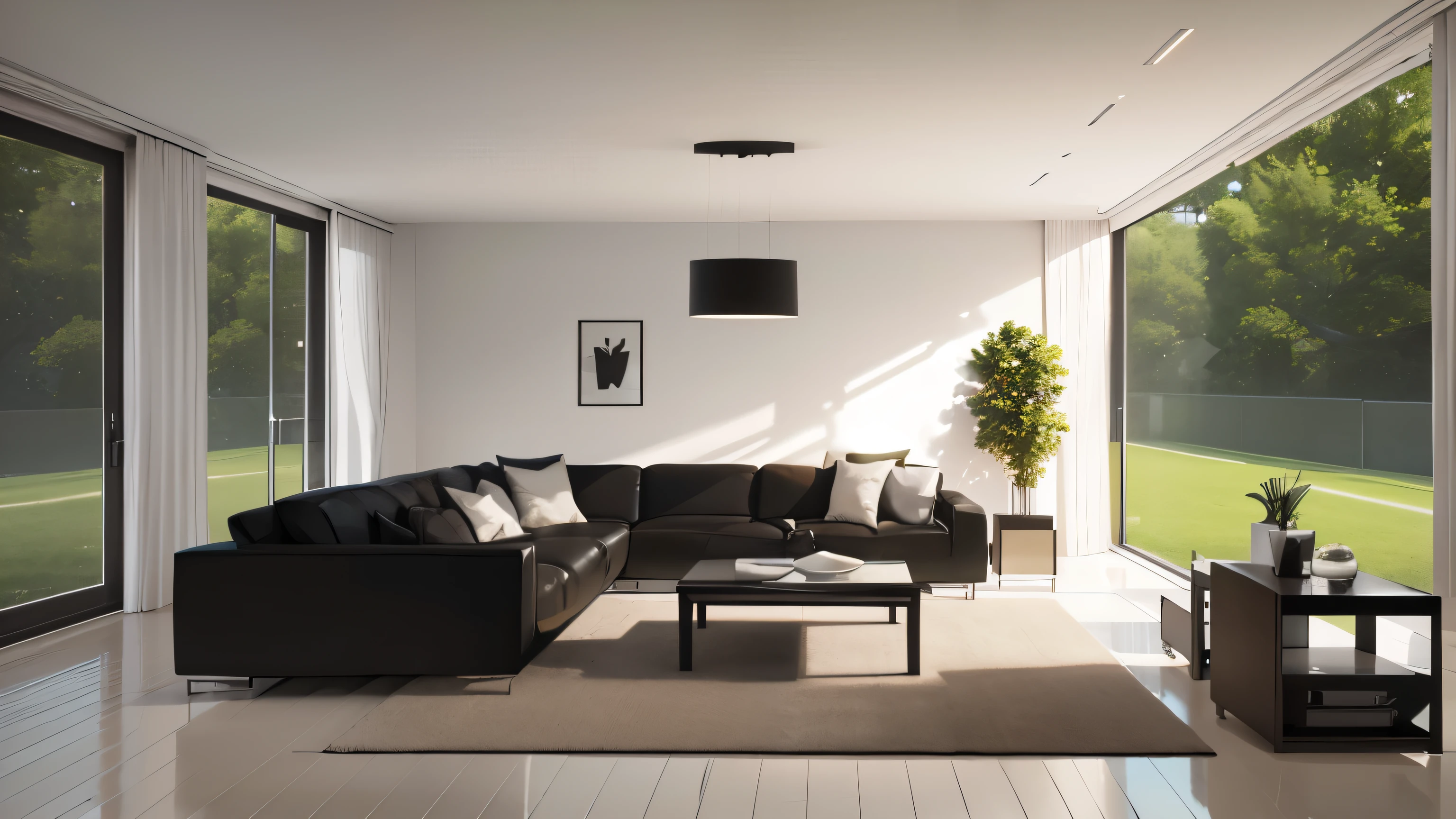 you are a famous interior designer、I was asked to create a 3D image of a large modern room.。. Create a harmonious environment with modern and minimalist furniture. Including garden interior.