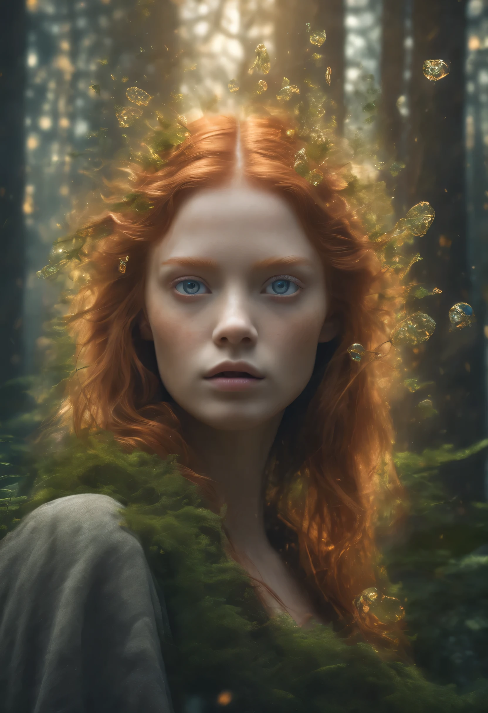 fantasy character,Girl head portrait,forest image foreground,multiple exposure:1.8,Complex illustrations in surrealist art style,Surreal dreams,straight ginger hair, grey eyes (best quality,4k,8k,highres,masterpiece:1.2),ultra-detailed,(realistic,photorealistic,photo-realistic:1.37),HDR,UHD,studio lighting,ultra-fine painting,sharp focus,physically-based rendering,extreme detail description,professional,vivid colors,bokeh, portraits,landscape