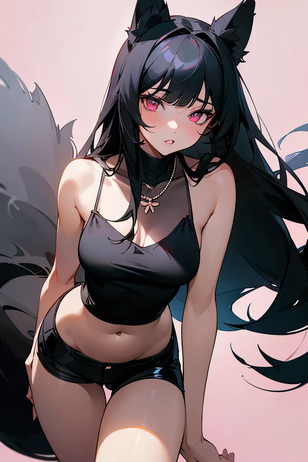 1 girl，long black hair，Qi bangs，light pink eyes，，Perfect body slim curves，big lips，Parted lips，Soft beauty，shy，sexy，Wearing a pure black camisole，Wearing black shorts，Black dog ears，Black dog tail，black necklace，Outer city background，absurd，high resolution，Super sharp，8K，masterpiece