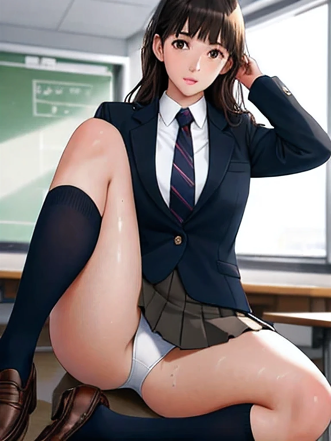 professional woman photo, masterpiece, big, 1 girl, shiny skin, make out, From above, (bangs), (sweaty: 1.3), blur background, Photo of a 20 year old woman, white panties, (white lace panties), panty shot, spread your legs, skirt, school uniform, socks, dark brown hair, blurred background, knee high, white shirt, loafers, realistic, lips, brown eyes, Black socks, tie, Dark blue pleated skirt, landscape, brown shoes, highest quality, Super detailed, school classroom, angle from below, Glossy skin, shiny skin, sweaty thighs, long, mature beautiful face, enchanting eyes, lift thighs, with backlight, navy blue blazer uniform with patches, bent hips, M relash),