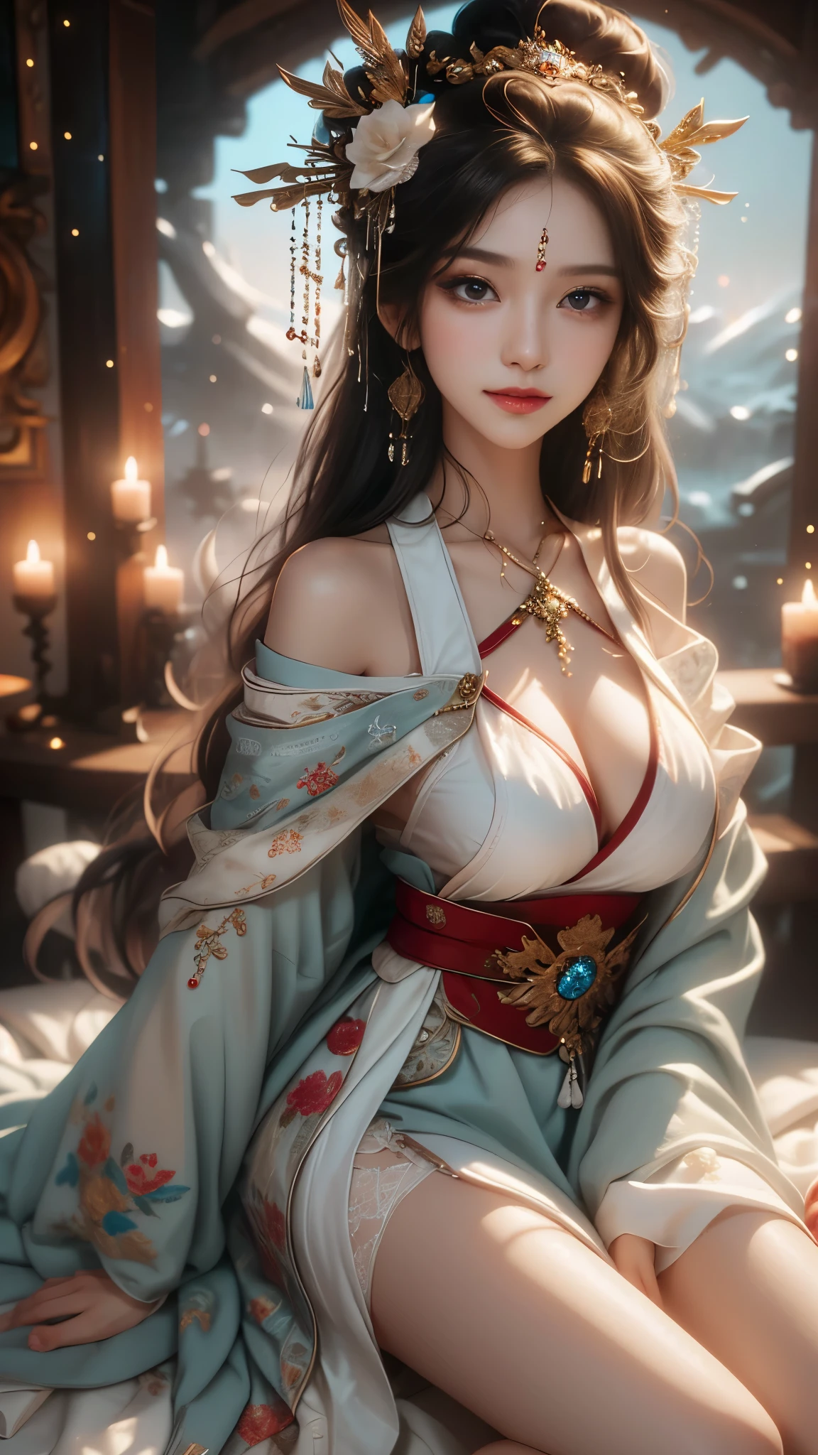 gufeng,bare shoulders, realistic, fashi-girl, red lips, mature female, makeup, Big eyes, Pretty eyes, ((full body)), ((Random shooting angles)), (best quality, masterpiece:1.2), ultra-detailed, (realistic:1.37), ((Sexy long legs)), beautiful, youthful, glamorous model with (detailed eyes, detailed lips, extremely detailed eyes), with white and floral colors, showcasing a radiant smile, creating a breathtaking depiction of a girl, Warm tones, extremely high color saturation, official art, extremely detailed CG unified 8k wallpaper,(High dynamic range :1.4), (cinematic),(soft colors, dull colors, soothing tones :1.3), (natural skin texture, ultra-realistic, soft light, sharp),(very detailed), Night, moonlight, In an antique pavilion, sit on a bench against the guardrail