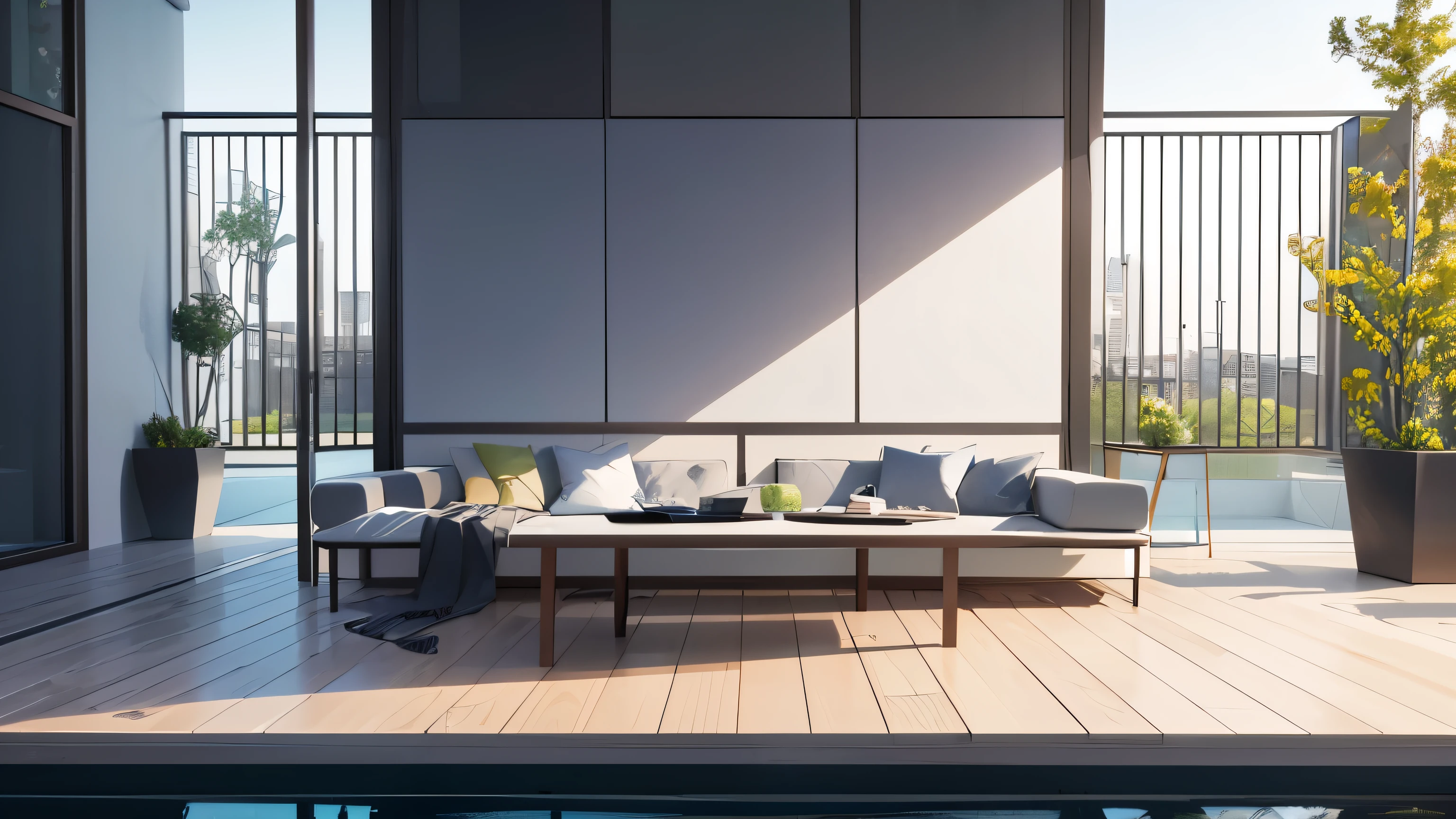 you are a famous interior designer、I was asked to create a 3D image of a large modern room.。. Create a harmonious environment with modern and minimalist furniture. Including garden interior.