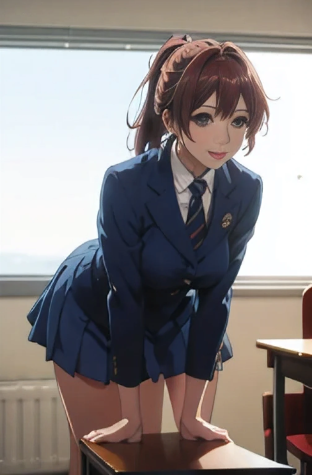 (1 girl,anime,masterpiece, highest quality, highest quality,beautiful and aesthetic:1.2,professional illustration:1.1,Super detailed:1.3, official art, professional illustration, Super detailed depiction, Super precise depiction, High definition 8K illustration, High resolution,perfect anatomy, perfect face, perfect hands、smile、big breasts )、redhead、ponytail、mature woman、lightly wavy hair、white blazer、navy blue tie、Navy blue sailor collar、navy blue mini skirt , blur the background、leaning forward、front、inside the classroom