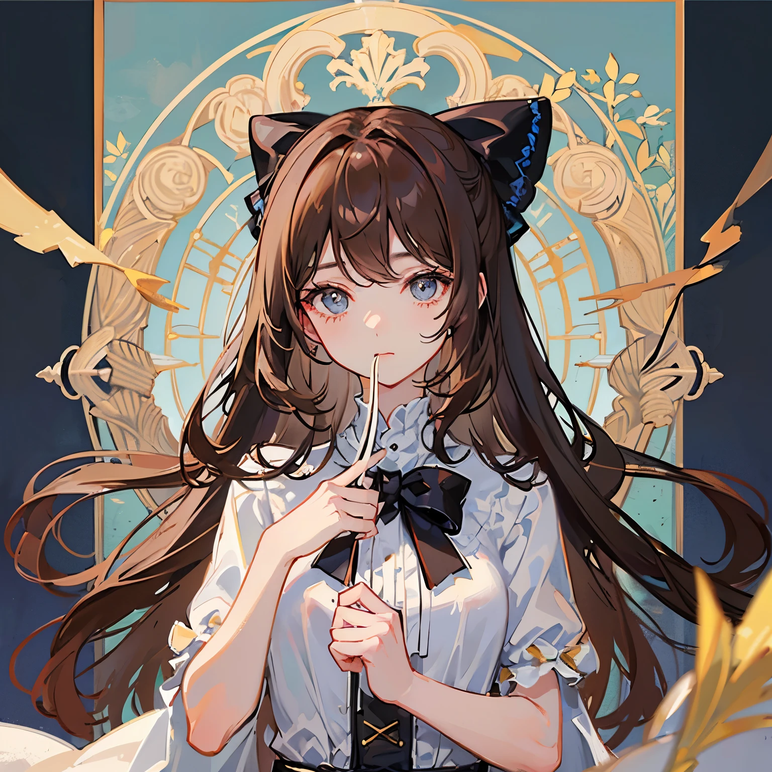 (extremely delicate and beautiful: 1.2), 1girl, fashi-girl, pretty eyes, bow, brown hair, closed mouth, sideways, hair bow, short sleeves, looking at the viewer, long hair, solo, upper body, hazel eyes