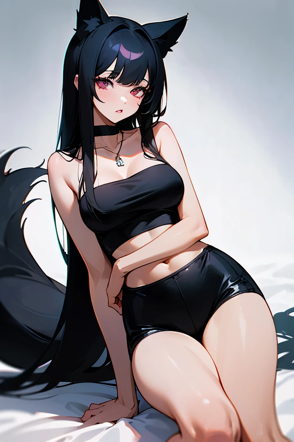 18 year old cat girl, Ahegao face, in a white swimsuit, two black tails, black hair, slim waist, small breasts, rounded butt, booty to the screen, Is on my knees