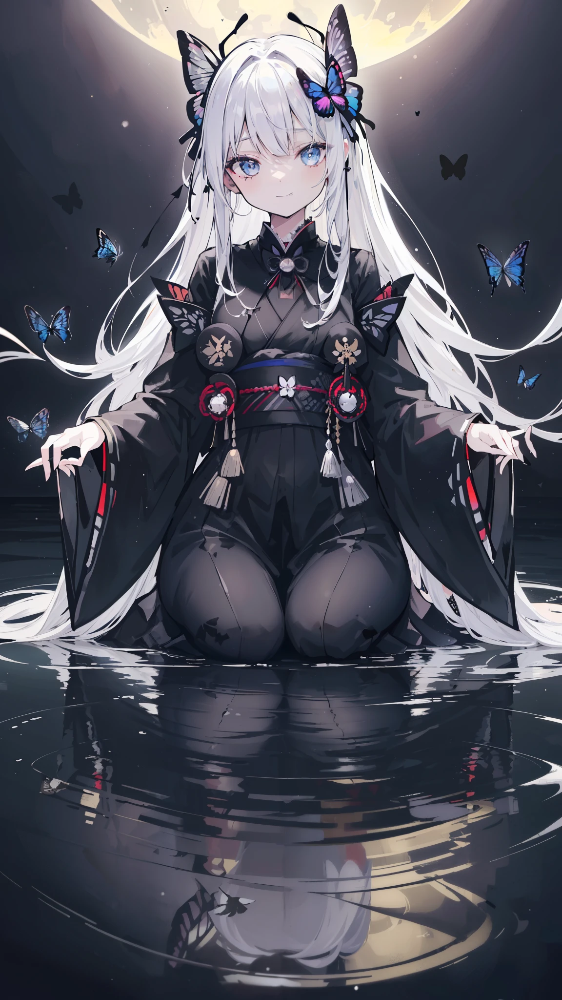 32k, perfect body, cute , cute smile, cute dress, long hair, white hair, black dress, ((black butterfly)), ((black butterfly hair ornament)), ((black butterfly shaped brooch)), ((black butterfly dress)), ((black ligth particle)), (((beautiful quality))), ((black kimono)), ((black Japanese clothing)), (((the floor is on the water surface))), ((full moon)),