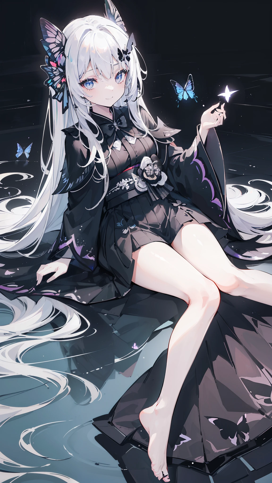 32k, perfect body, cute , cute smile, cute dress, long hair, white hair, black dress, ((black butterfly)), ((black butterfly hair ornament)), ((black butterfly shaped brooch)), ((black butterfly dress)), ((black ligth particle)), (((beautiful quality))), ((black kimono)), ((black Japanese clothing)), (((the floor is on the water surface))), ((full moon)),
