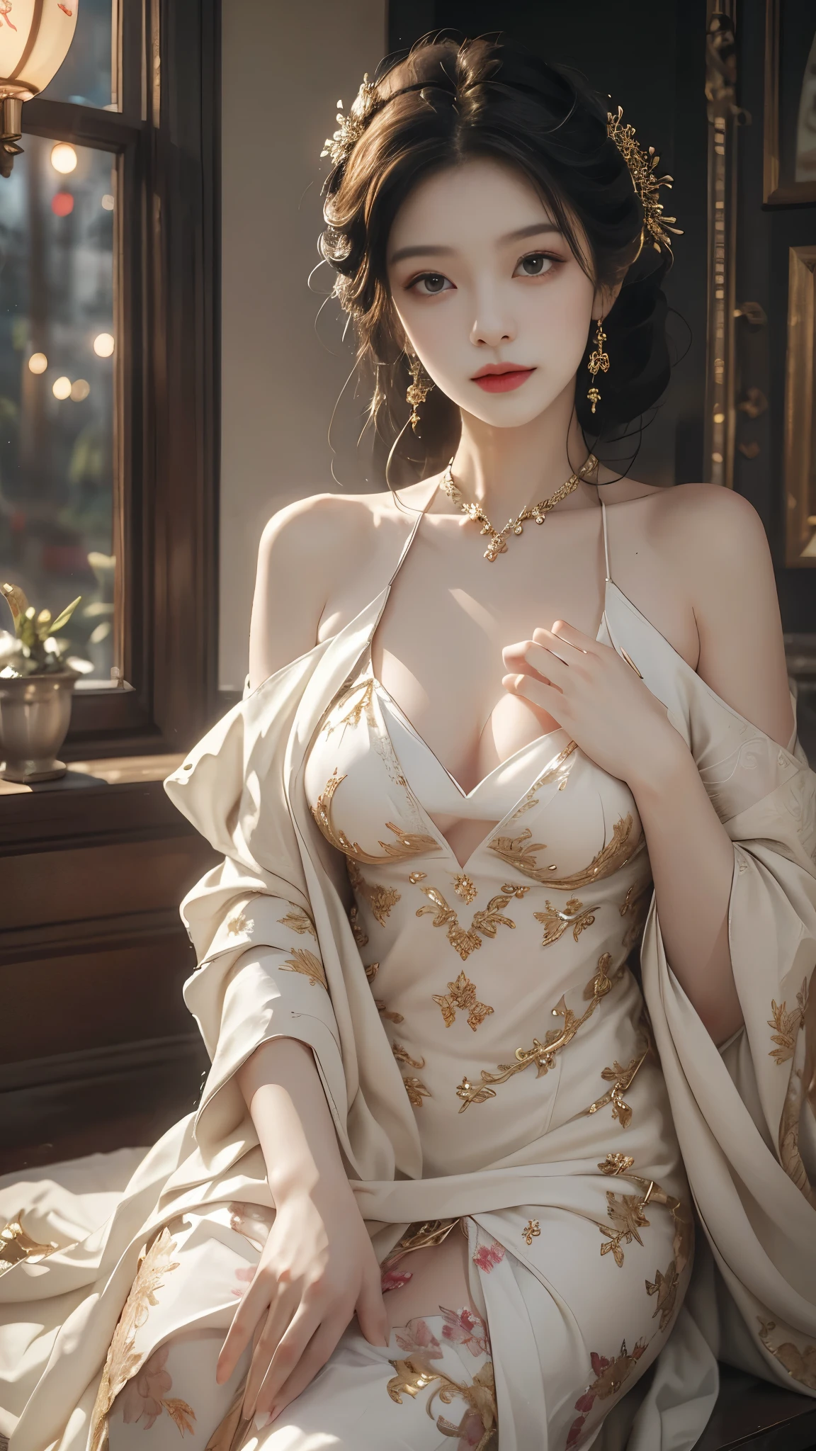 gufeng,bare shoulders, realistic, fashi-girl, red lips, mature female, makeup, Big eyes, Pretty eyes, ((full body)), ((Random shooting angles)), (best quality, masterpiece:1.2), ultra-detailed, (realistic:1.37), ((Sexy long legs)), beautiful, youthful, glamorous model with (detailed eyes, detailed lips, extremely detailed eyes), with white and floral colors, showcasing a radiant smile, creating a breathtaking depiction of a girl, Warm tones, extremely high color saturation, official art, extremely detailed CG unified 8k wallpaper,(High dynamic range :1.4), (cinematic),(soft colors, dull colors, soothing tones :1.3), (natural skin texture, ultra-realistic, soft light, sharp),(very detailed), Night, moonlight, In an antique pavilion, sit on a bench against the guardrail