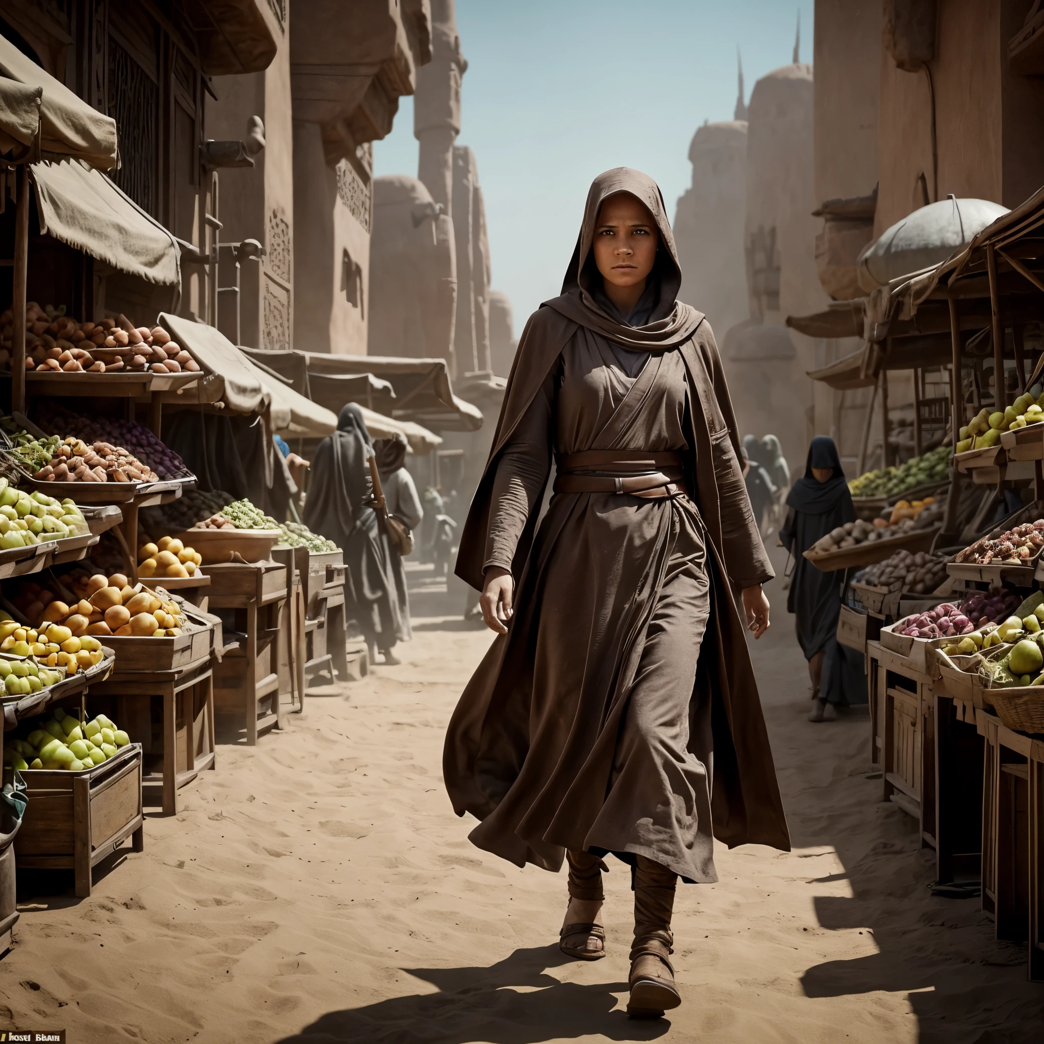 A serious and brave female Jedi with hooded robes strolling through the bustling market of Tatooine --aspect ratio 4:6-- version 6, her focused eyes scanning the crowd for any sign of danger. Her long, straight brown hair flows behind her, the sun casting intriguing shadows over her stern features. Despite the heat, she remains undeterred, her determined stride never faltering as she navigates the winding aisles. The market's vibrant colors and lively chatter provide a stark contrast to her somber attire, but she remains unphased, her mind fully engaged on her mission. Such a scene, accurately rendered and richly detailed, would truly