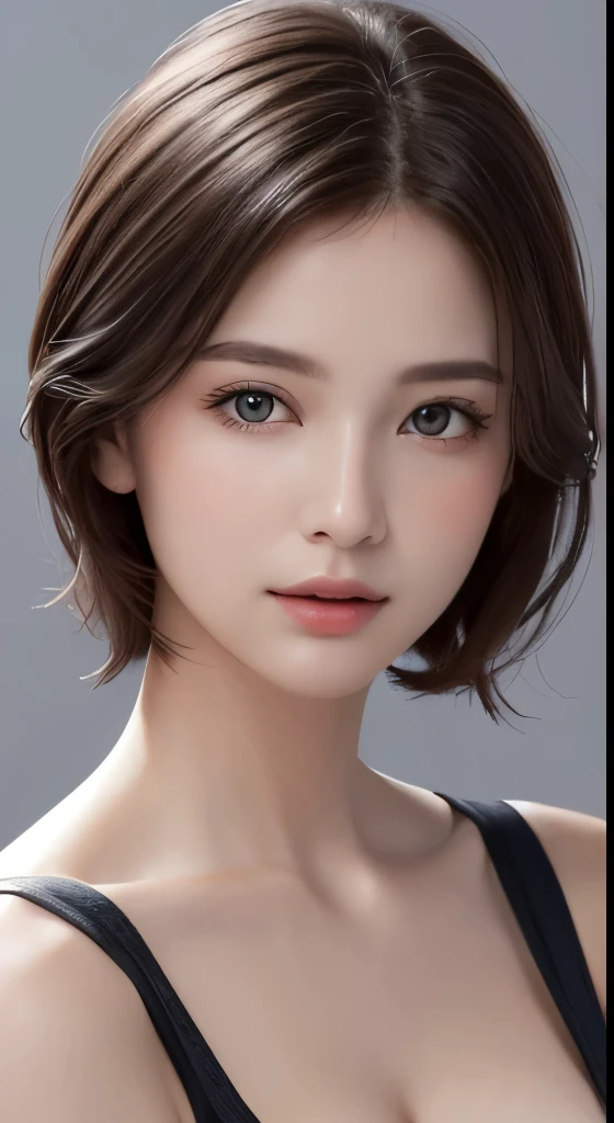 (masutepiece、highest quality、photorealistic、High resolution、photograph、:1.3)、Very close-up shot、sharp focus、30 year old mature woman、small face、no makeup、A well-formed and beautiful face、short hair、dark brown hair、Detailed beautiful eyes、Bust B Cup、exposed cleavage、、cool pose、gray background、