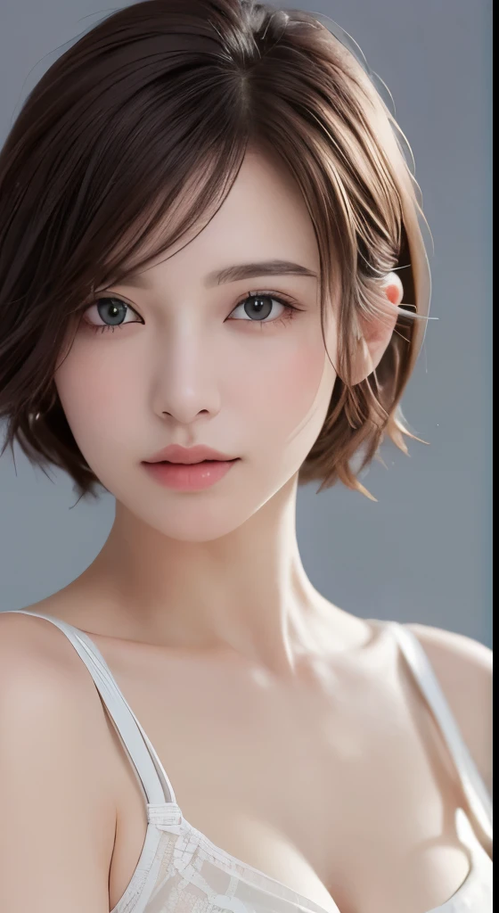 (muste piece、Highest image quality、photorealistic、High resolution、photograph、:1.3)、Super close-up、In focus、30 years old mature woman、small face、No makeup、Beautiful face、short hair、dark brown hair、detailed and beautiful eyes、Bust B Cup、cleavage exposure、、cool pose、Gray background、