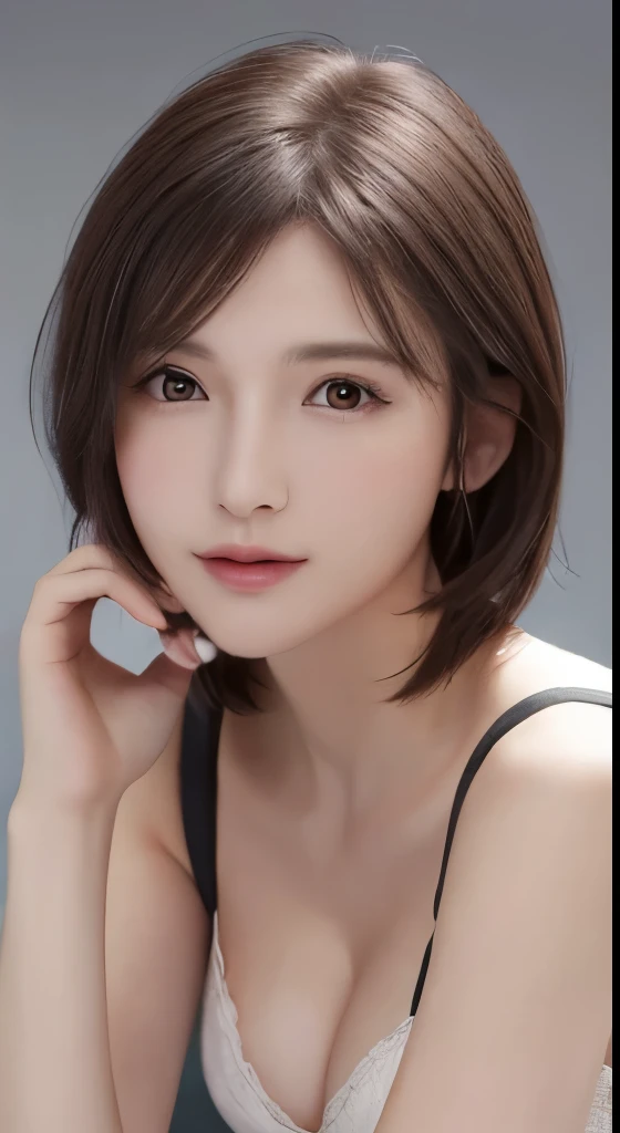 (muste piece、Highest image quality、photorealistic、High resolution、photograph、:1.3)、Super close-up、In focus、30 years old mature woman、small face、No makeup、Beautiful face、short hair、dark brown hair、detailed and beautiful eyes、Bust B Cup、cleavage exposure、、cool pose、Gray background、