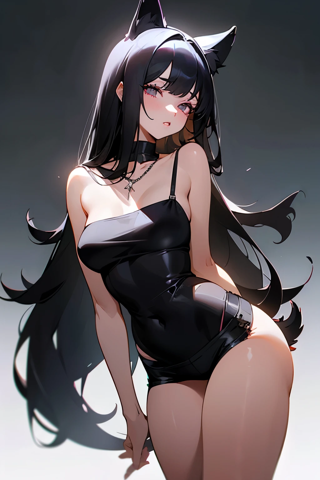1 girl,long black hair,Qi bangs,light pink eyes,Perfect body slim curves,big lips,Parted lips,Soft beauty,shy,sexy,Wearing a pure black camisole,Wearing black shorts,Black dog ears,Black dog tail,black necklace,Outer city background,absurd,high resolution,Super sharp,8K,masterpiece