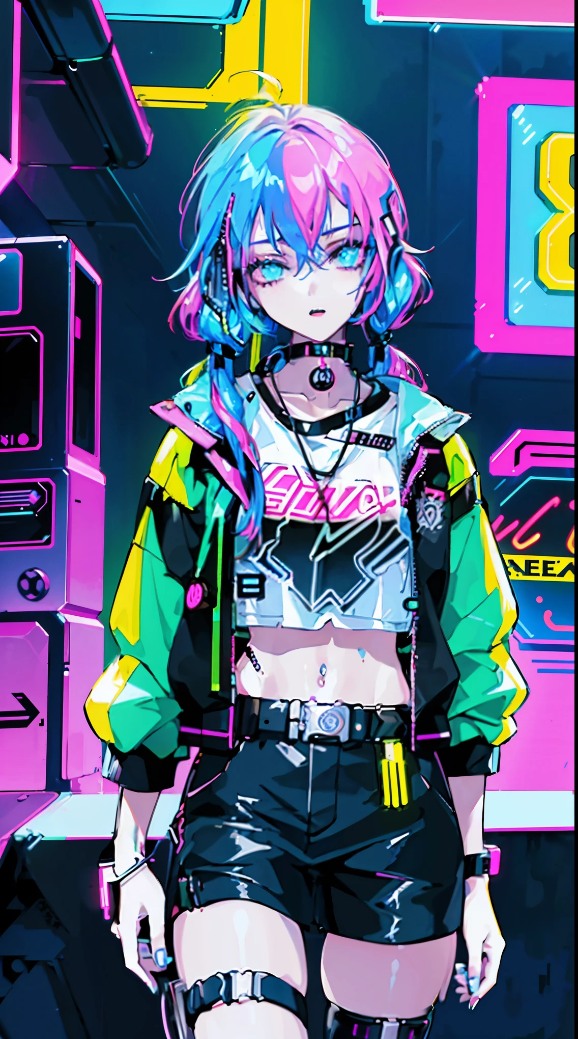 ((rainbow hair)),(cyberpunk), bright lighting, masterpiece,1girll, ((short twintails)), ((-yeld fee model)), (((cowboy shot))), (((retro neon art))),(80's aesthetic:1.1),((neons:0.8)). 2D, ((neon lighting)), futuristic vibe, (jacket)