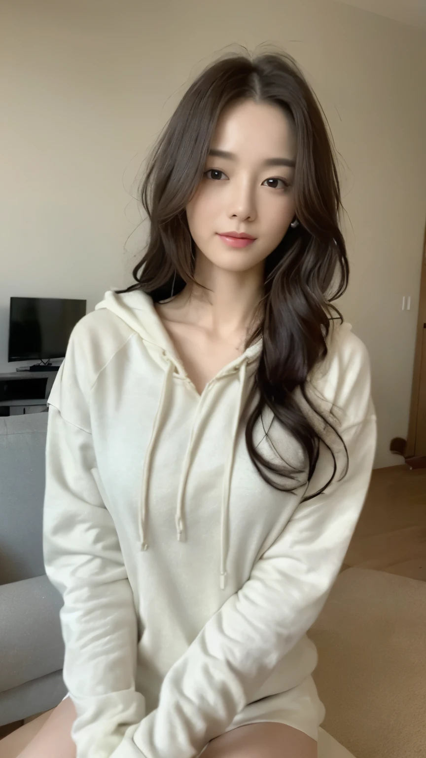 ((top-quality、8k、masterpiece:1.3))、Beautiful woman with perfect body:1.4、slim abdomen:1.2、Longhair, normal breast, Highly detailed facial and skin texture, A detailed eye, delicate eyes, double eyelid, (smile), (full body shot), ((living room)), (sitting on chair), ((wearing white hoodie)), looking in front