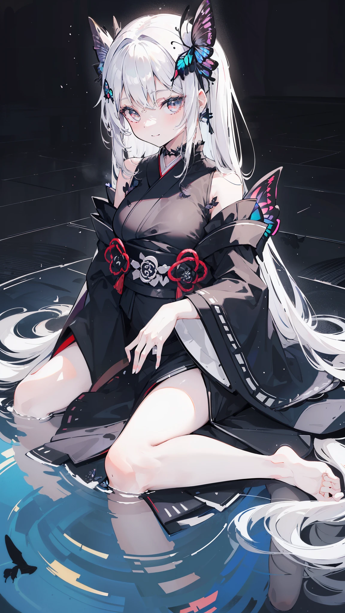 32k, perfect body, cute , cute smile, cute dress, long hair, white hair, black dress, ((black butterfly)), ((black butterfly hair ornament)), ((black butterfly shaped brooch)), ((black butterfly dress)), ((black ligth particle)), (((beautiful quality))), ((black kimono)), ((black Japanese clothing)), (((the floor is on the water surface))), ((full moon)),