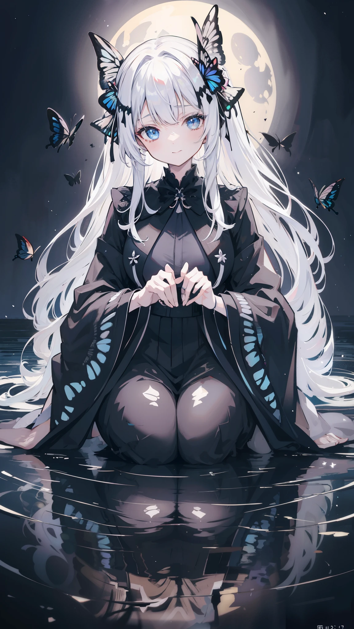 32k, perfect body, cute , cute smile, cute dress, long hair, white hair, black dress, ((black butterfly)), ((black butterfly hair ornament)), ((black butterfly shaped brooch)), ((black butterfly dress)), ((black ligth particle)), (((beautiful quality))), ((black kimono)), ((black Japanese clothing)), (((the floor is on the water surface))), ((full moon)), 