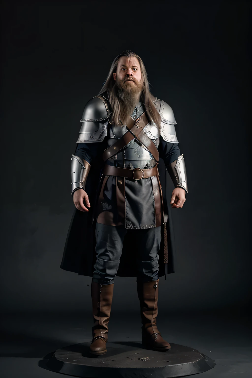the norse dwarf man, with light leather armor. greys hair and beard, full body with cape, light source on top