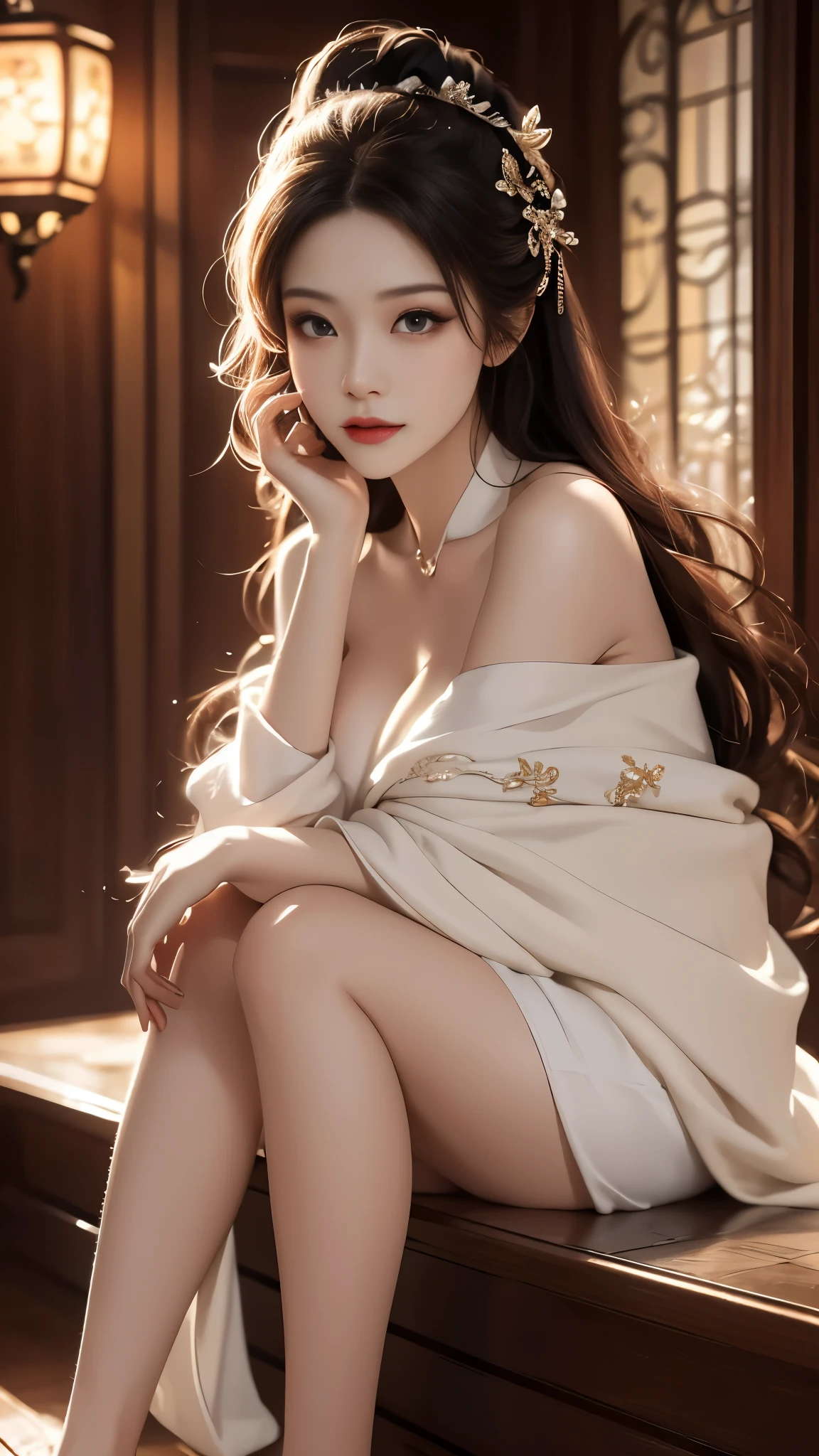 gufeng,bare shoulders, realistic, fashi-girl, red lips, mature female, makeup, Big eyes, Pretty eyes, ((full body)), ((Random shooting angles)), (best quality, masterpiece:1.2), ultra-detailed, (realistic:1.37), ((Sexy long legs)), beautiful, youthful, glamorous model with (detailed eyes, detailed lips, extremely detailed eyes), with white and floral colors, showcasing a radiant smile, creating a breathtaking depiction of a girl, Warm tones, extremely high color saturation, official art, extremely detailed CG unified 8k wallpaper,(High dynamic range :1.4), (cinematic),(soft colors, dull colors, soothing tones :1.3), (natural skin texture, ultra-realistic, soft light, sharp),(very detailed), Night, moonlight, In an antique pavilion, sit on a bench against the guardrail