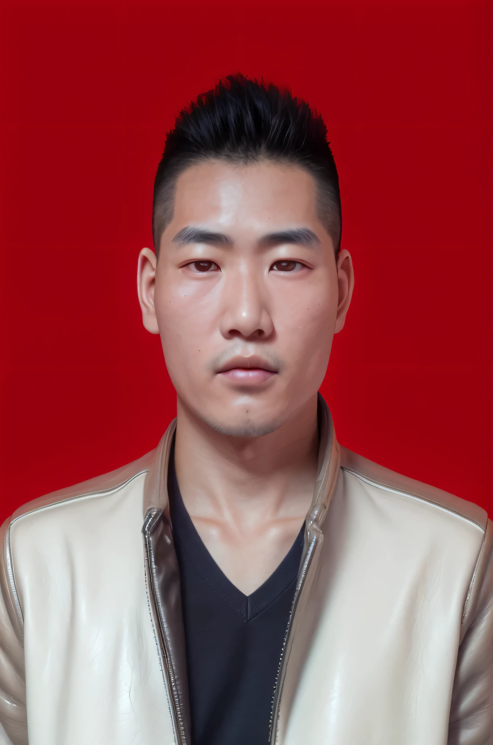 Photos of 30-year-old Chinese man’s face slimming, correct facial features, symmetrical facial features, Clear ear symmetry, Ultra-clear and realistic facial features, short black hair, Short hair is really natural, Wearing a V-neck sweater underneath, casual leather jacket, The texture of the clothes is clear, Super clear texture, Camera shooting effect, natural light and shadow, Super clear and realistic, The eyes and face are very detailed, Super detailed, High definition, (photorealism: 1.2) (Delicate skin: 1.3) (movie lighting: 1.3) (sharp focus), Glowing skin, digital monocular, soft light, high quality, Texture, film grain, close up, ultra high resolution ...