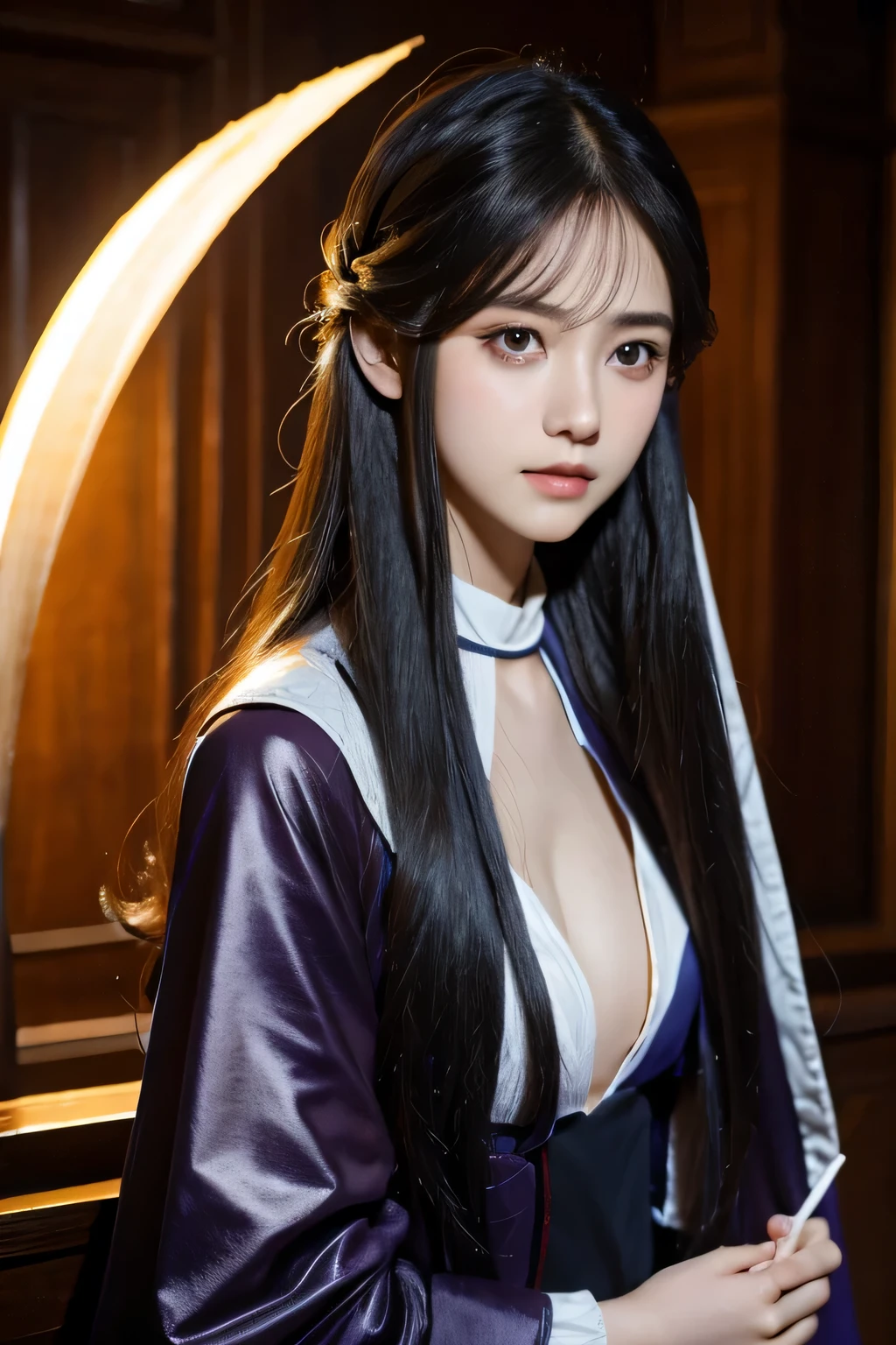 8k、High resolution、Beautiful Girl of the Wizard、gothic costume、young、white skin,、narrow eyes,high nose,lighting that illuminates the face、clear image、intellectual beauty、skinny、no makeup、arrogant look,shining hair、single eyelid,、vivid pose、looking at camera